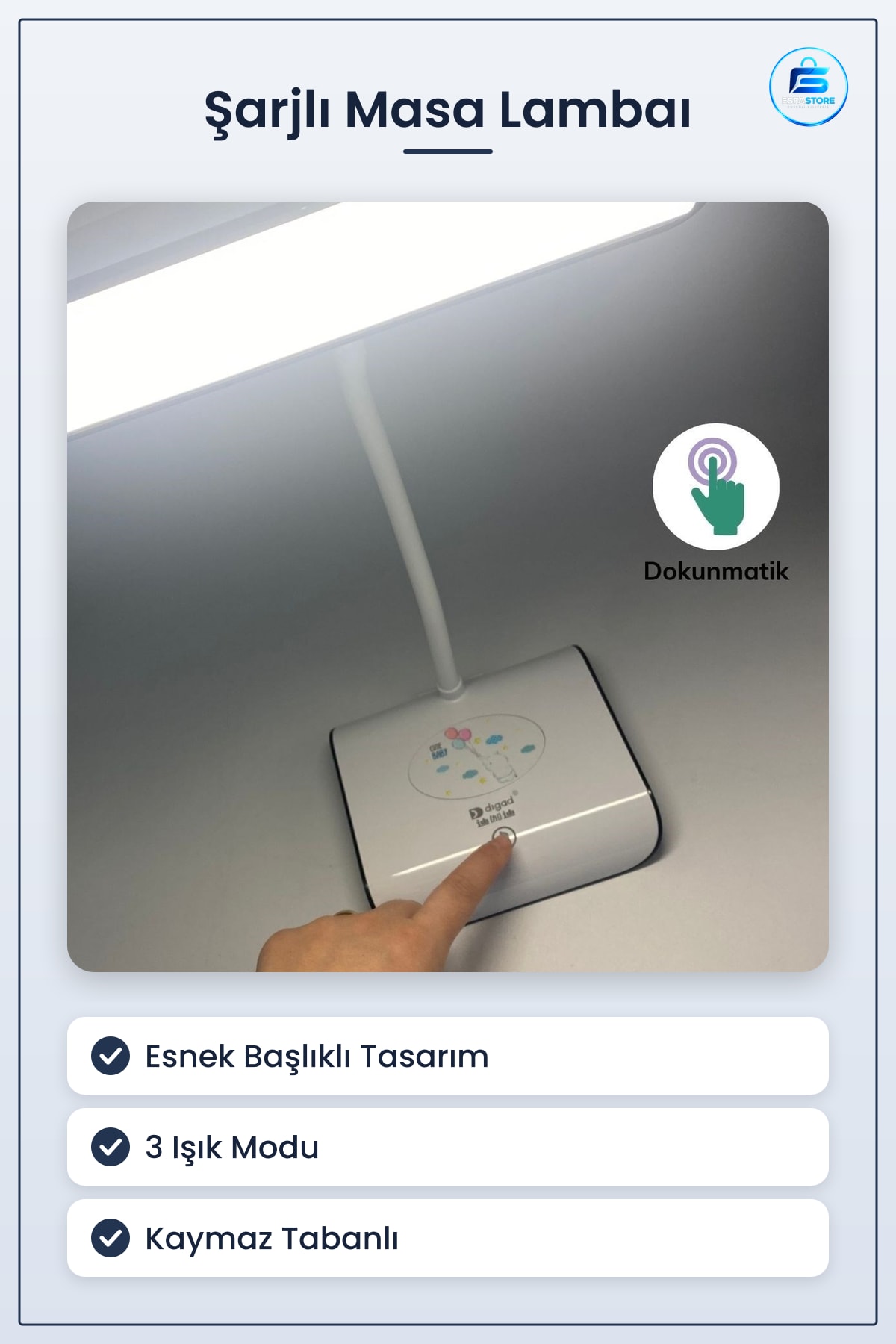 Şarjlı Masa Lambası Esnek Başlıklı Dokunmatik Kontrollü Kaymaz Tabanlı LED Aydınlatma