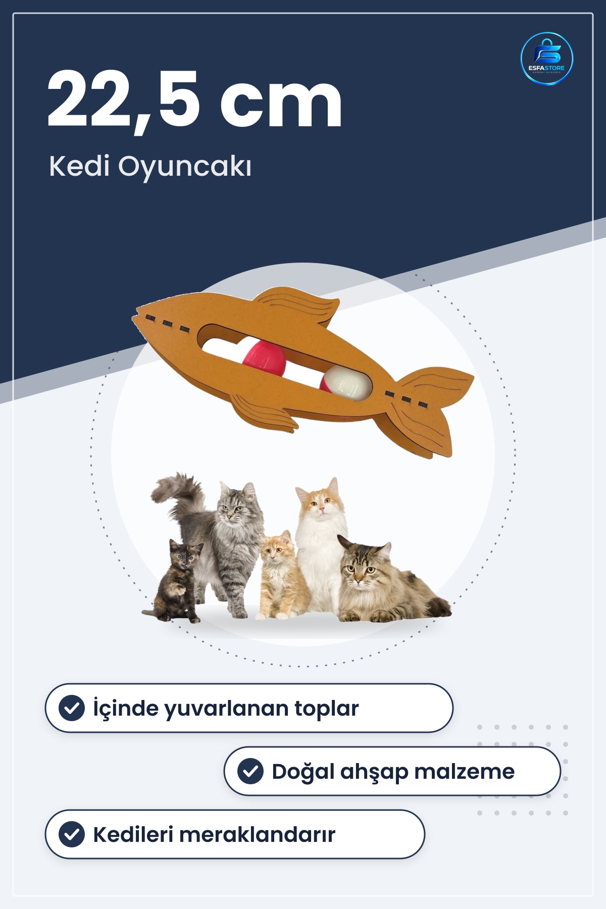 Kedi Oyuncağı Ahşap Balık Şeklinde Eğitim Amaçlı Toplu Eğimli Oyuncak Kediler İçin Pratik