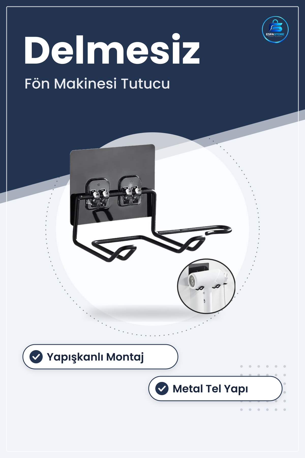 Fön Makinesi Askısı Yapışkanlı Duvar Tutucu Banyo Makyaj Masası Düzenleyici Delmesiz Kurulum