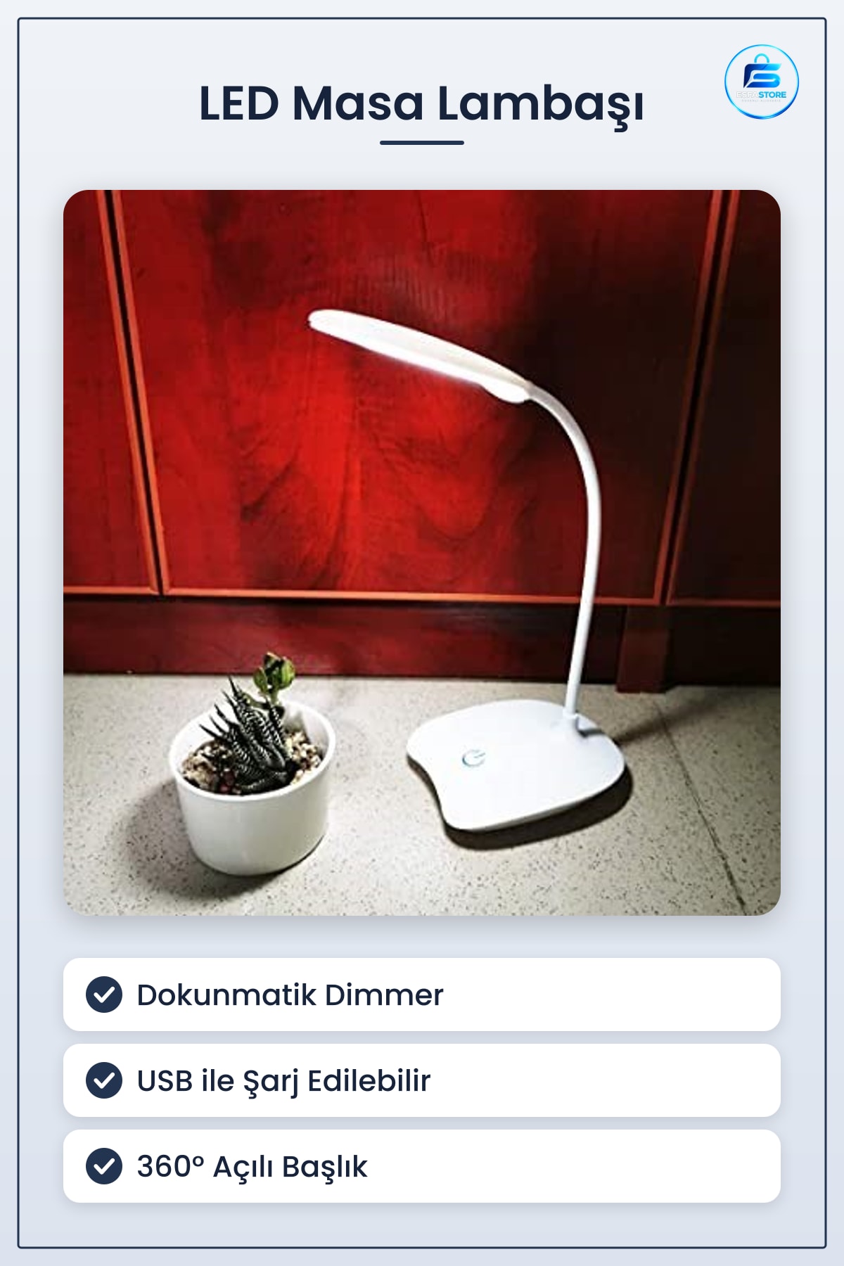 Led Masa Lambaı Dokunmatik Dimmerli USB Şarj Olabilen Derece Oynar Başlıklı Beyaz Işık