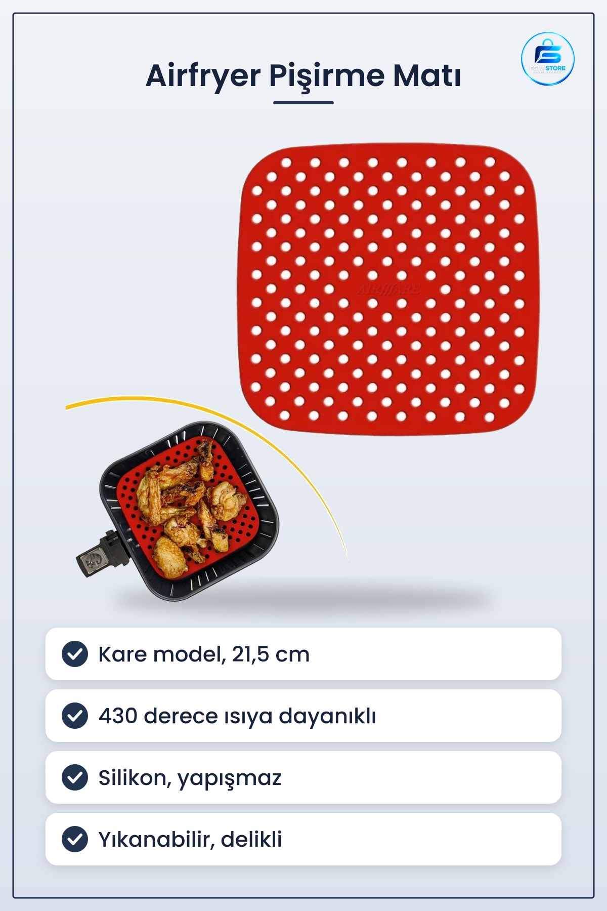 Isıya Dayanıklı Silikon Airfryer Pişirme Matı Kare Model Yıkanabilir Yanmaz Yapışmaz Pratik Mutfak