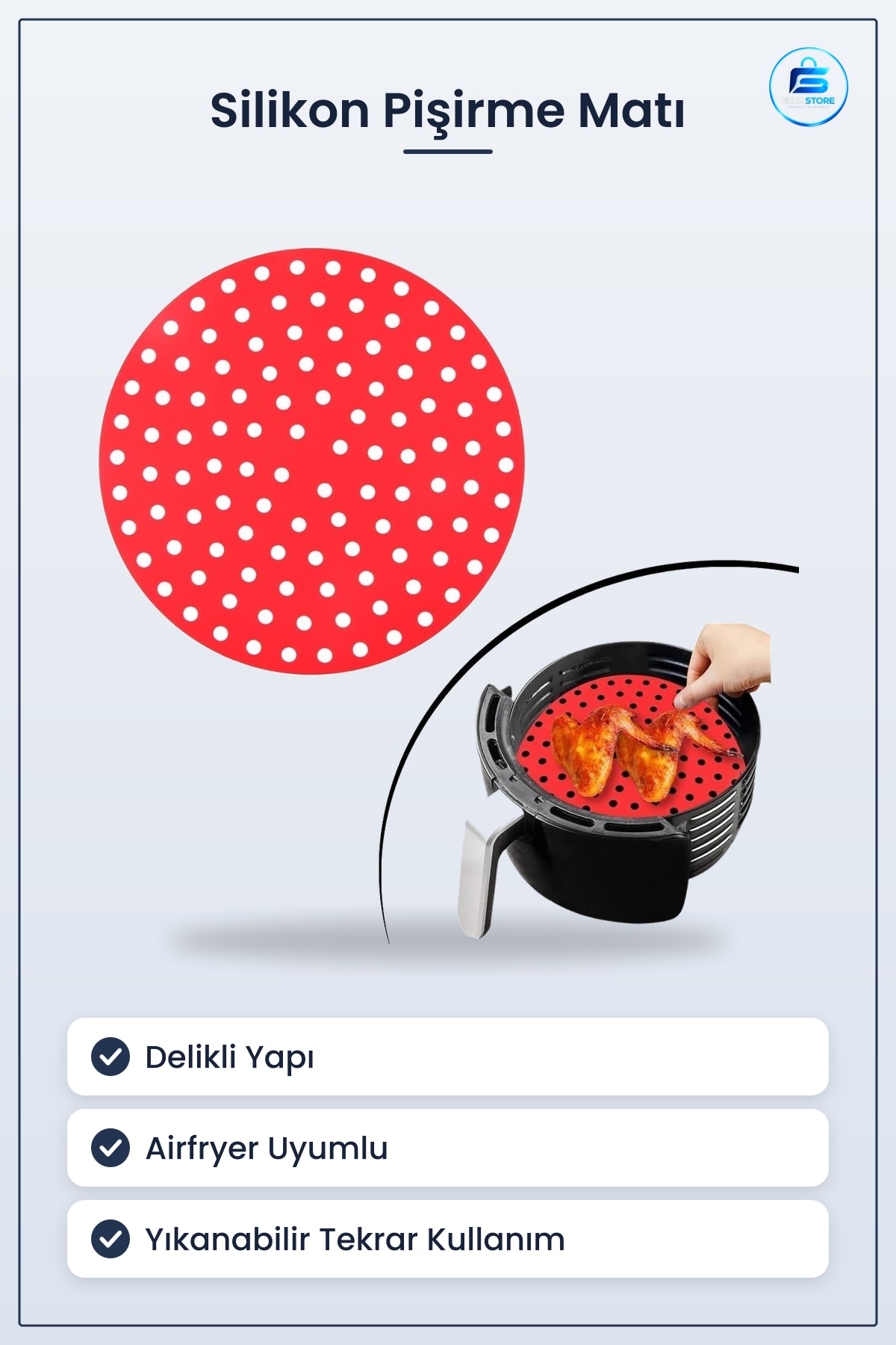 Silikon Pişirme Matı Airfryer Fırın Uyumlu Yuvarlak Isıya Dayanıklı Yıkanabilir Delikli Yapışmaz