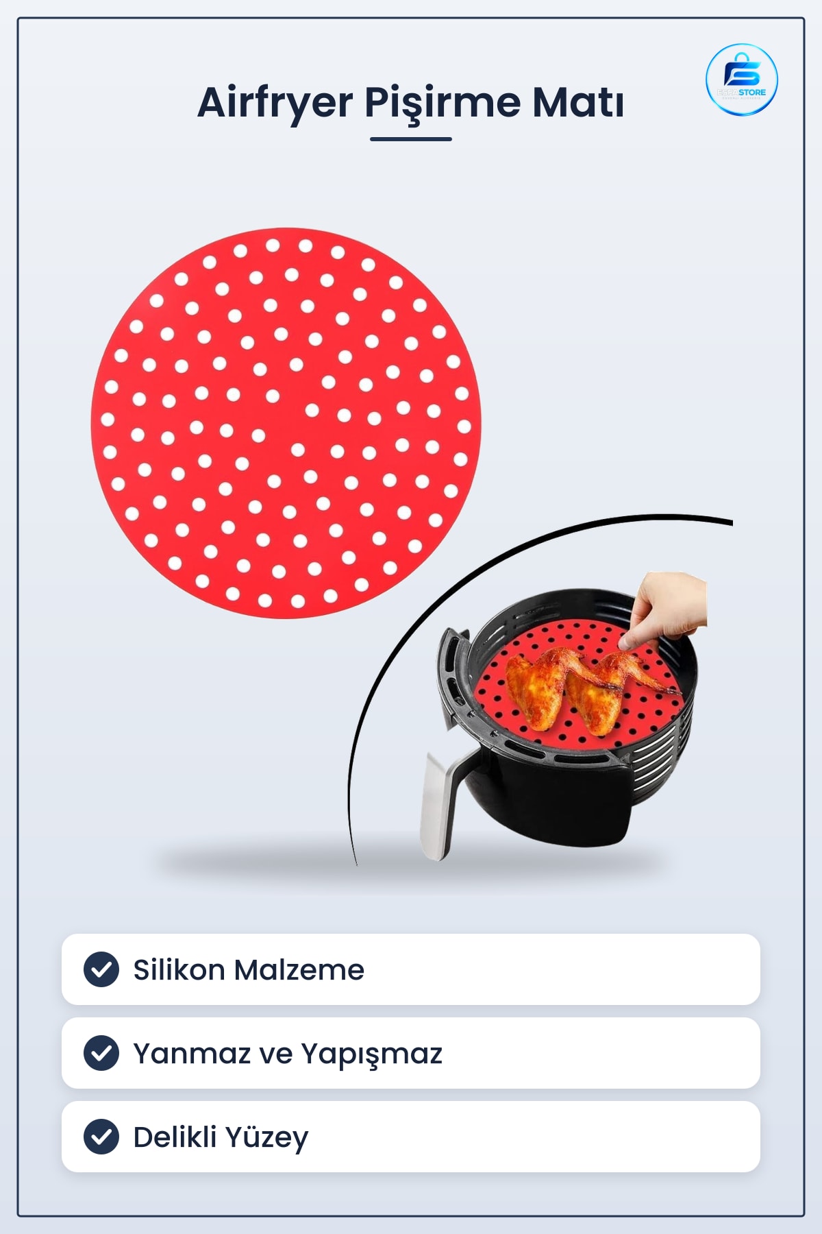 Isıya Dayanıklı Silikon Airfryer Pişirme Matı Yuvarlak Model Yıkanabilir Yanmaz Yapışmaz Pratik