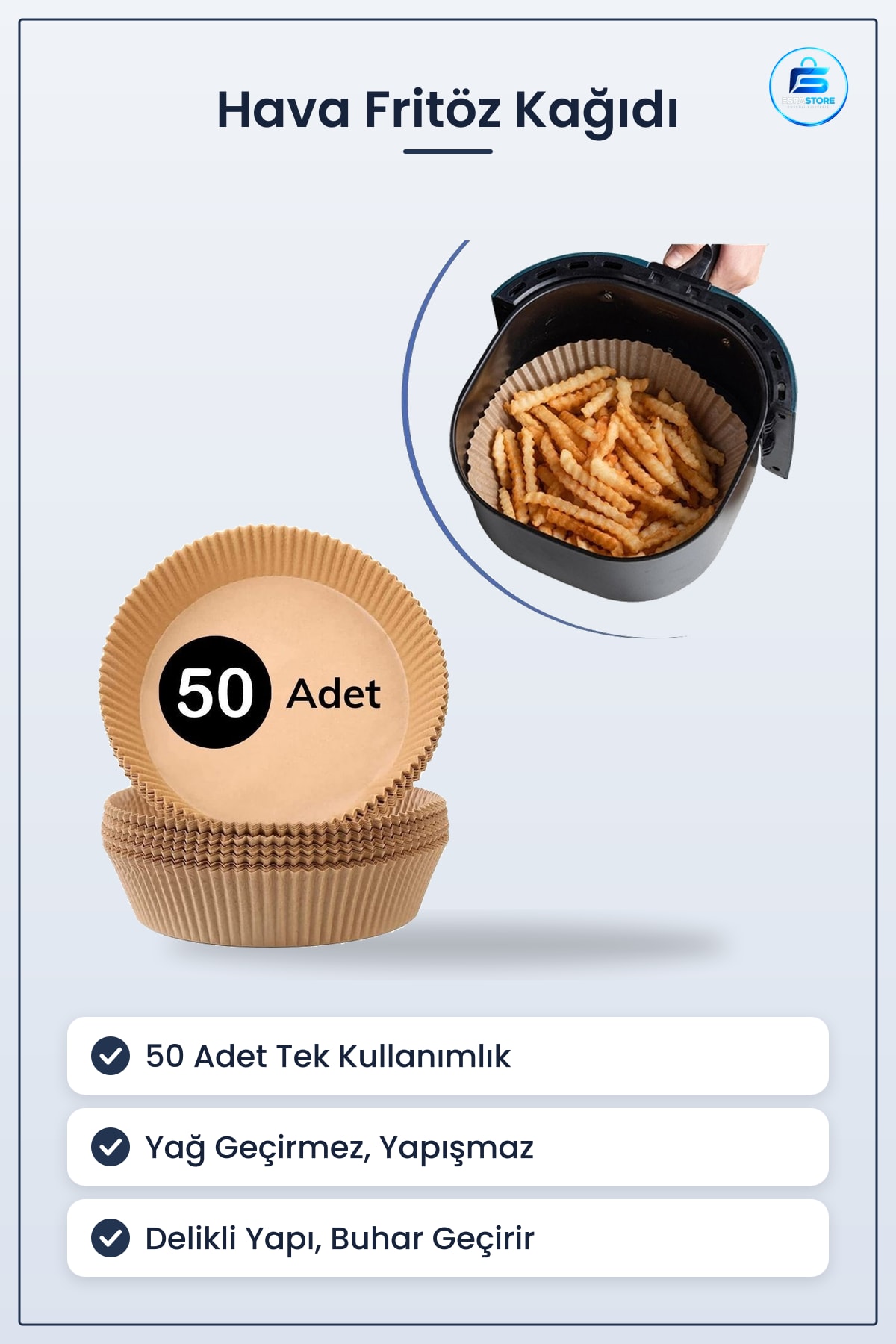 Air Fryer Pişirme Kağıdı 50 Adet Tek Kullanımlık Yağ Geçirmez Yapışmaz Yuvarlak 20 cm Çap