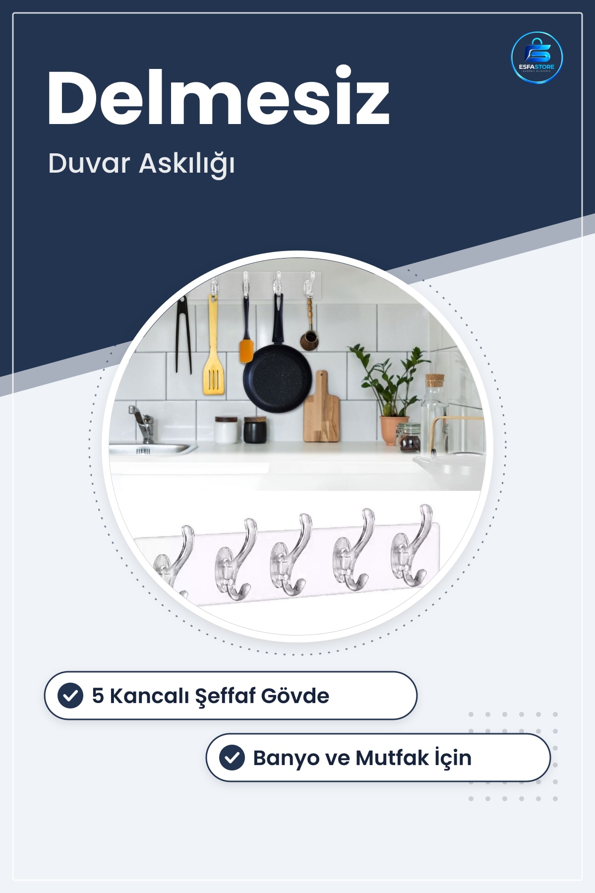 Duvar Askısı Güçlü Yapışkanlı Şeffaf Banyo Mutfak Düzenleyici Delmesiz Kancalı Pratik Askılık