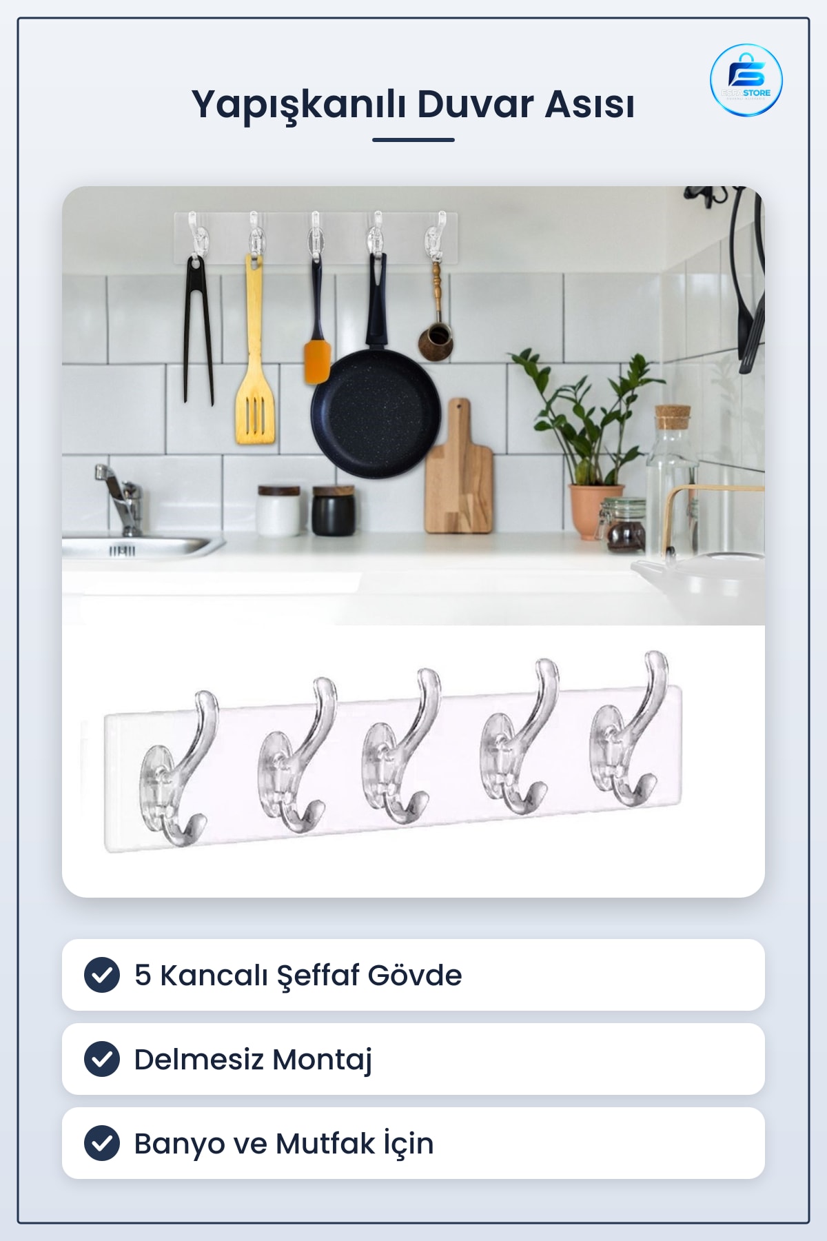 Duvar Askısı Güçlü Yapışkanlı Şeffaf Banyo Mutfak Düzenleyici Delmesiz Kancalı Pratik Askılık