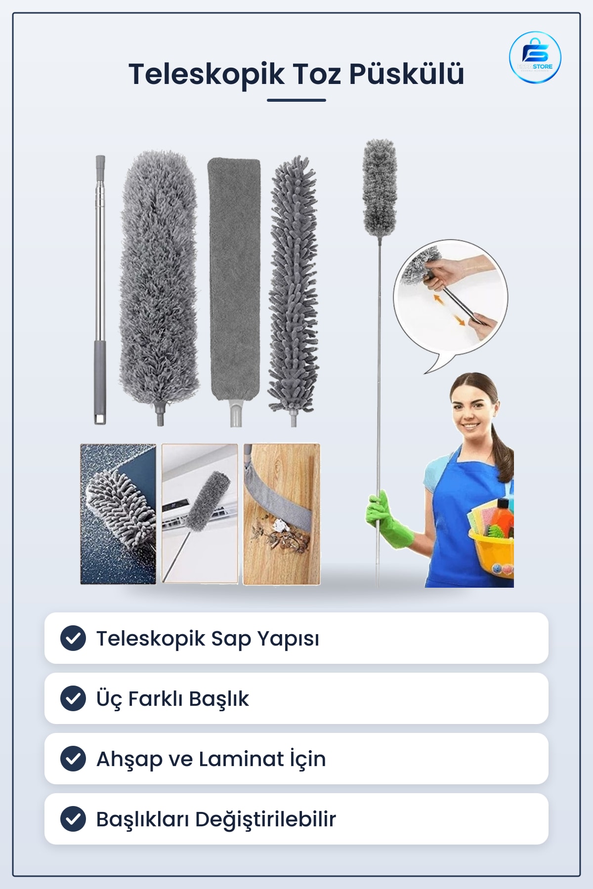 Teleskopik Mop Toz Alma Püskülü Çok Fonksiyonlu Temizlik Seti Üç Başlıklı Ayarlanabilir Sap