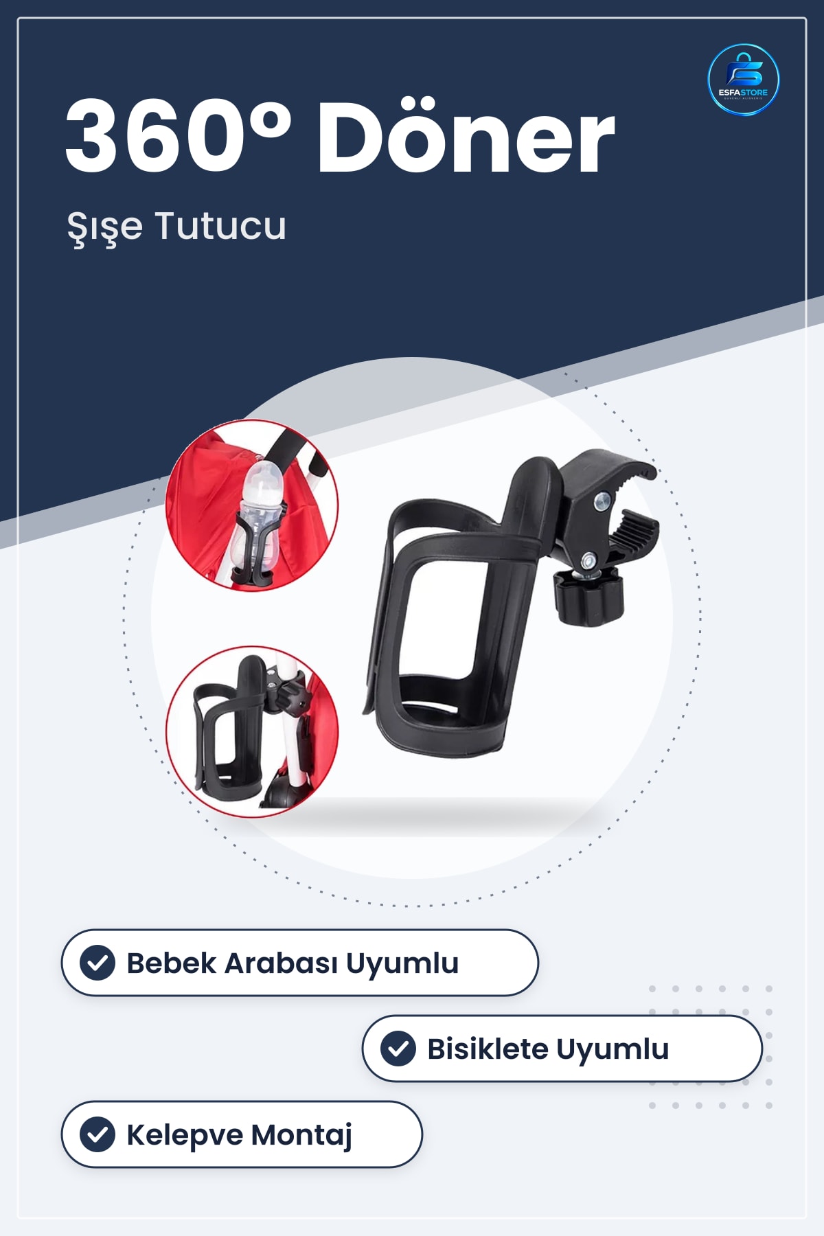 Bebek Arabası Bisiklet Uyumlu Ayarlanabilir Şişe ve Suluk Tutucu Döner Kelepçeli Aparat Pratik