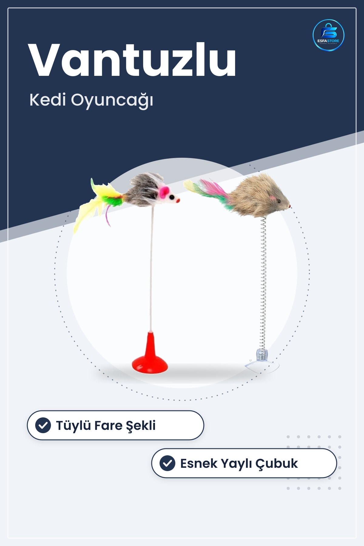 Vantuzlu Fareli Tüylü Hareketli Kedi Oyuncağı Peluş Fare Yaylı Esnek Çubuk Eğlenceli Pratik