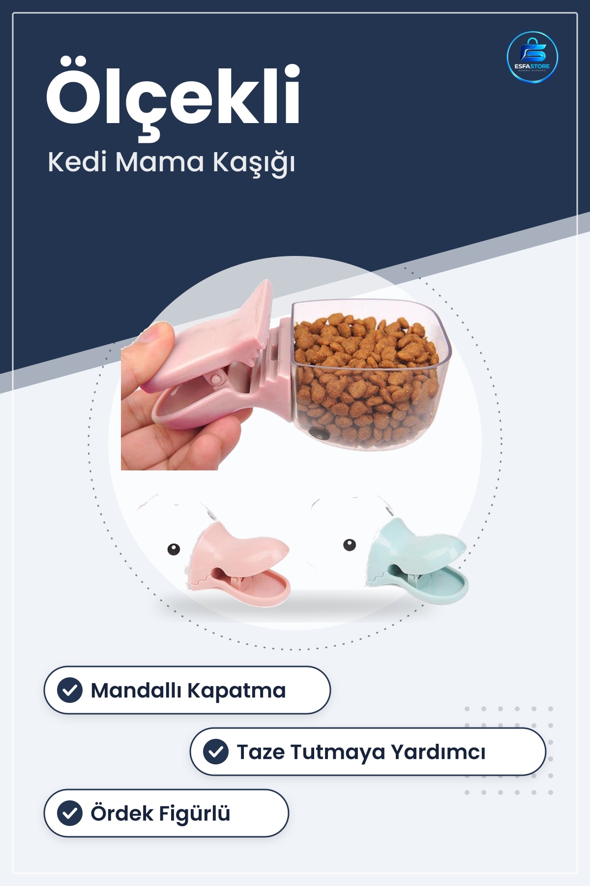 Ördek Tasarımlı Mandallı Tazelik Koruyan Ölçekli Kedi Köpek Mama Kaşığı Pratik Kullanışlı Plastik