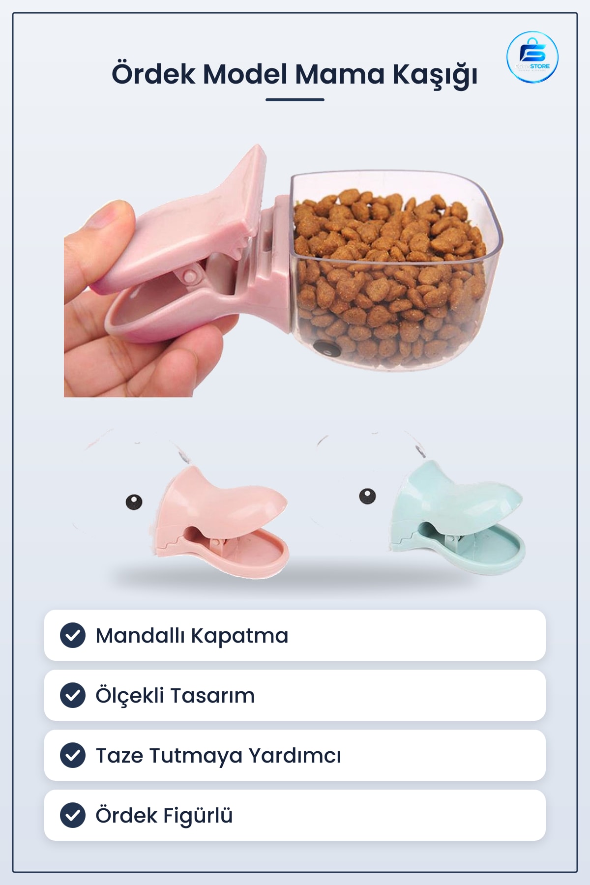 Ördek Tasarımlı Mandallı Tazelik Koruyan Ölçekli Kedi Köpek Mama Kaşığı Pratik Kullanışlı Plastik