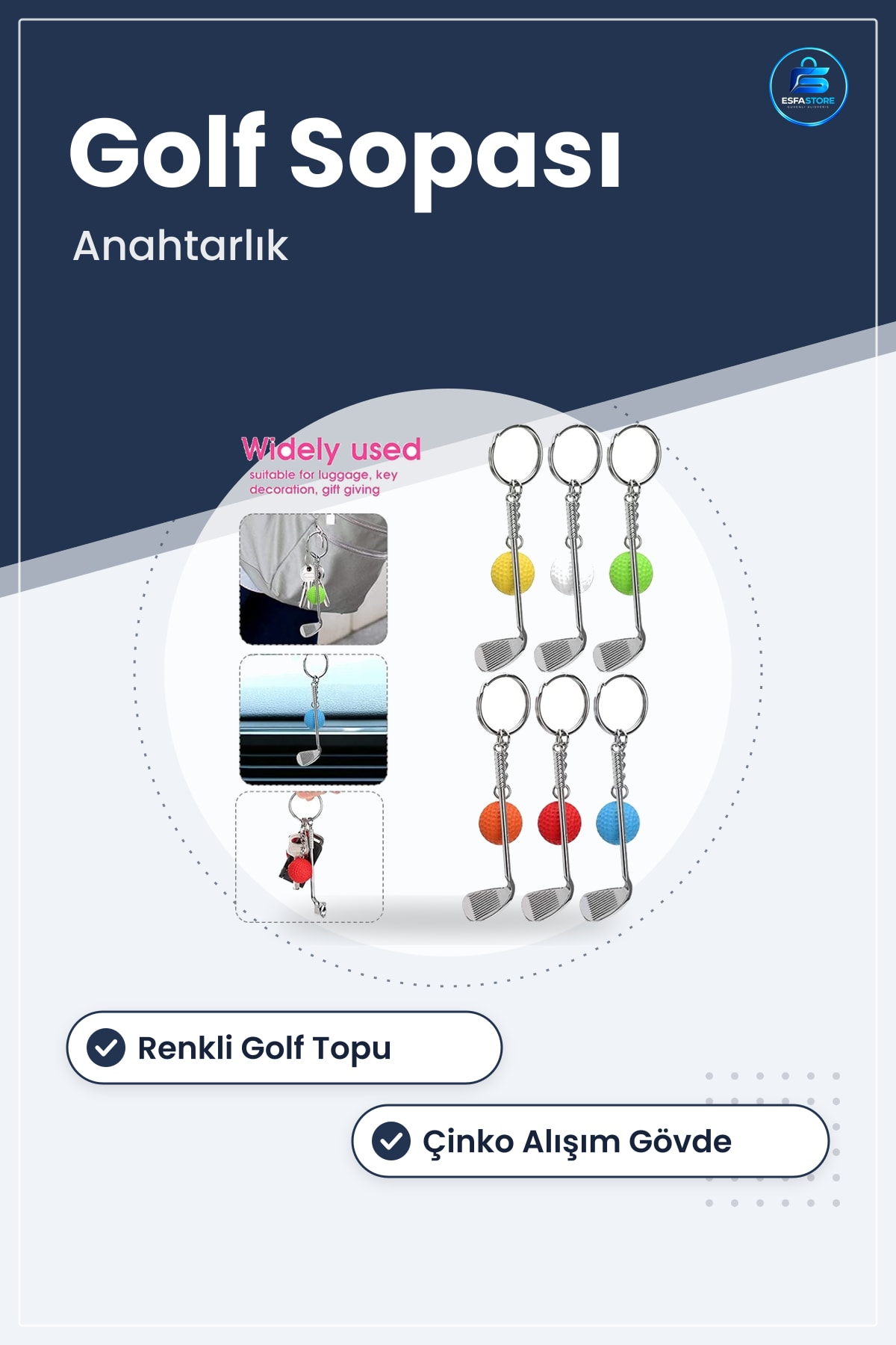 Golf Tasarımlı Anahtarlık Kolye Çanta Süsü Çinko Alaşım Mini Sopa Top Figürlü Hediyelik Aksesuar