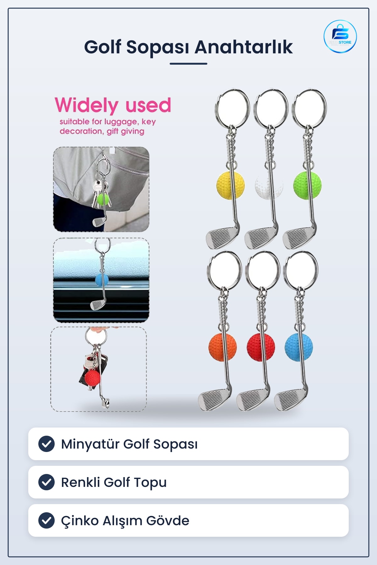 Golf Tasarımlı Anahtarlık Kolye Çanta Süsü Çinko Alaşım Mini Sopa Top Figürlü Hediyelik Aksesuar
