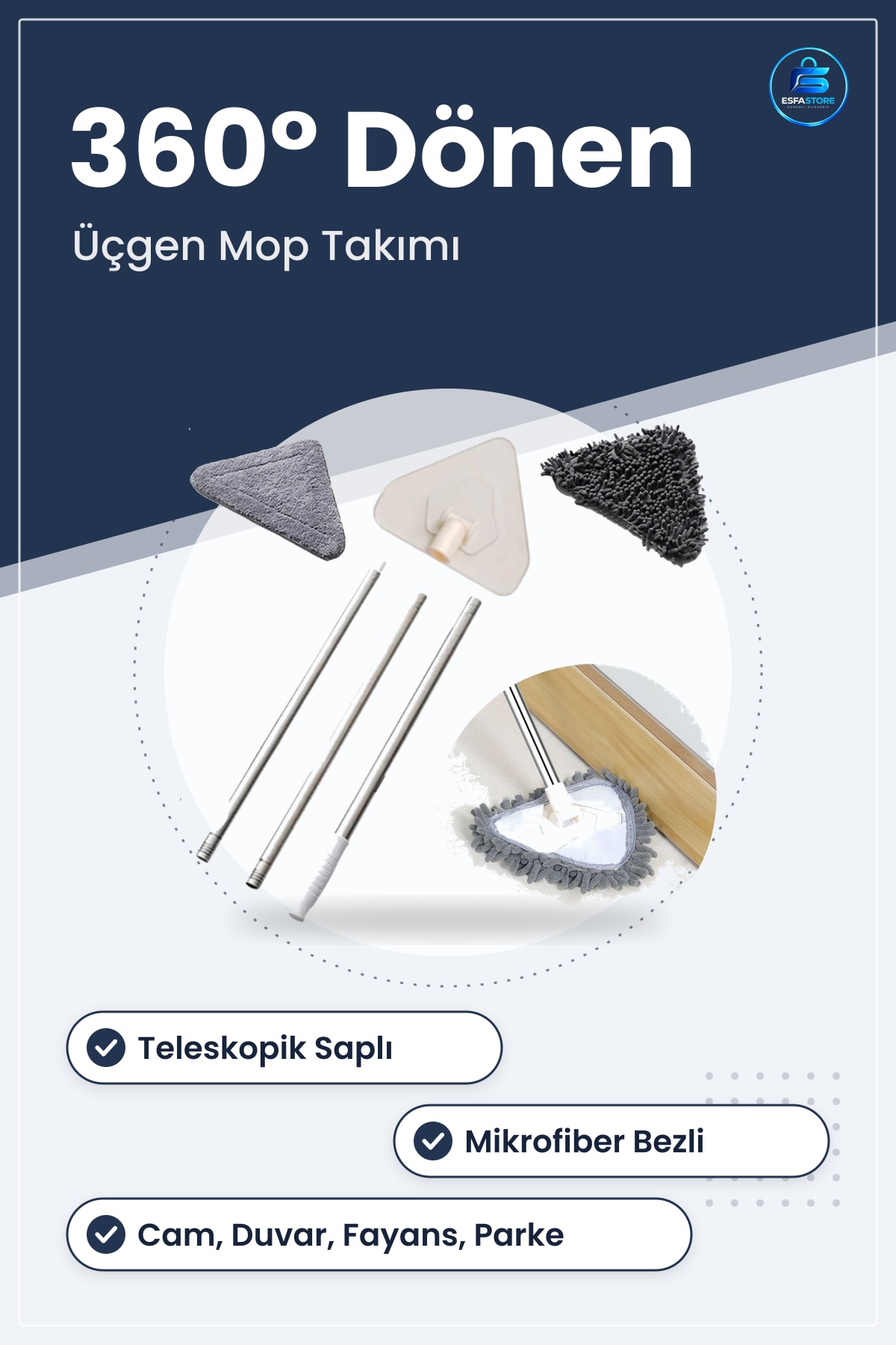 Teleskopik Saplı Üçgen Mop Cam Duvar Tavan Fayans Parke Temizleyici Mikrofiber Bezli Kullanışlı