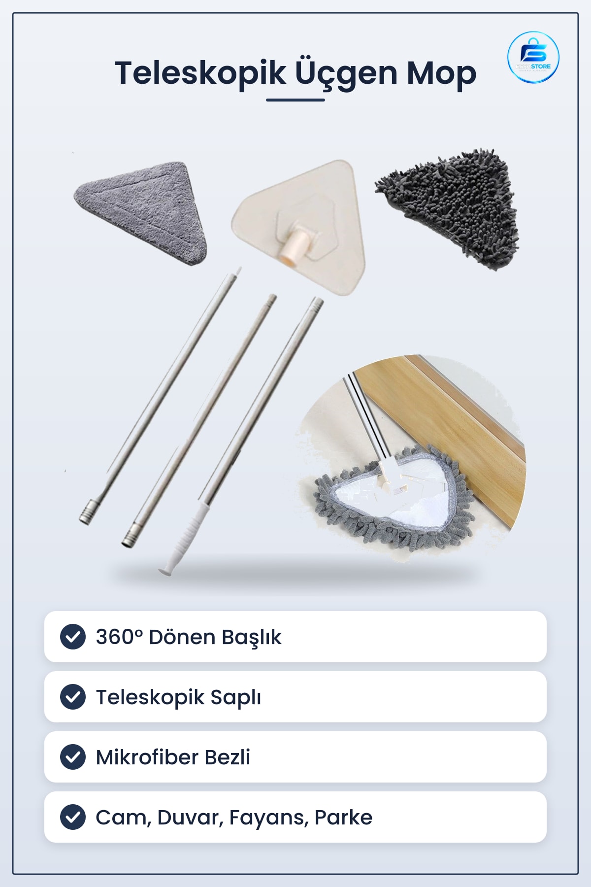 Teleskopik Saplı Üçgen Mop Cam Duvar Tavan Fayans Parke Temizleyici Mikrofiber Bezli Kullanışlı