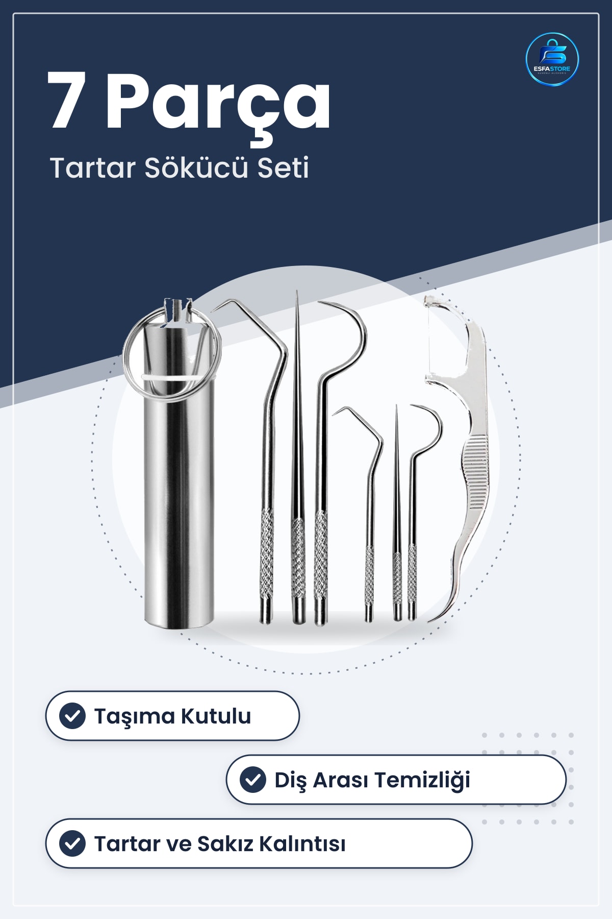 Paslanmaz Çelik Diş Tartar Sökücü Seti 7 Parça Ağız Bakım Temizlik Kiti Seyahat Kutulu