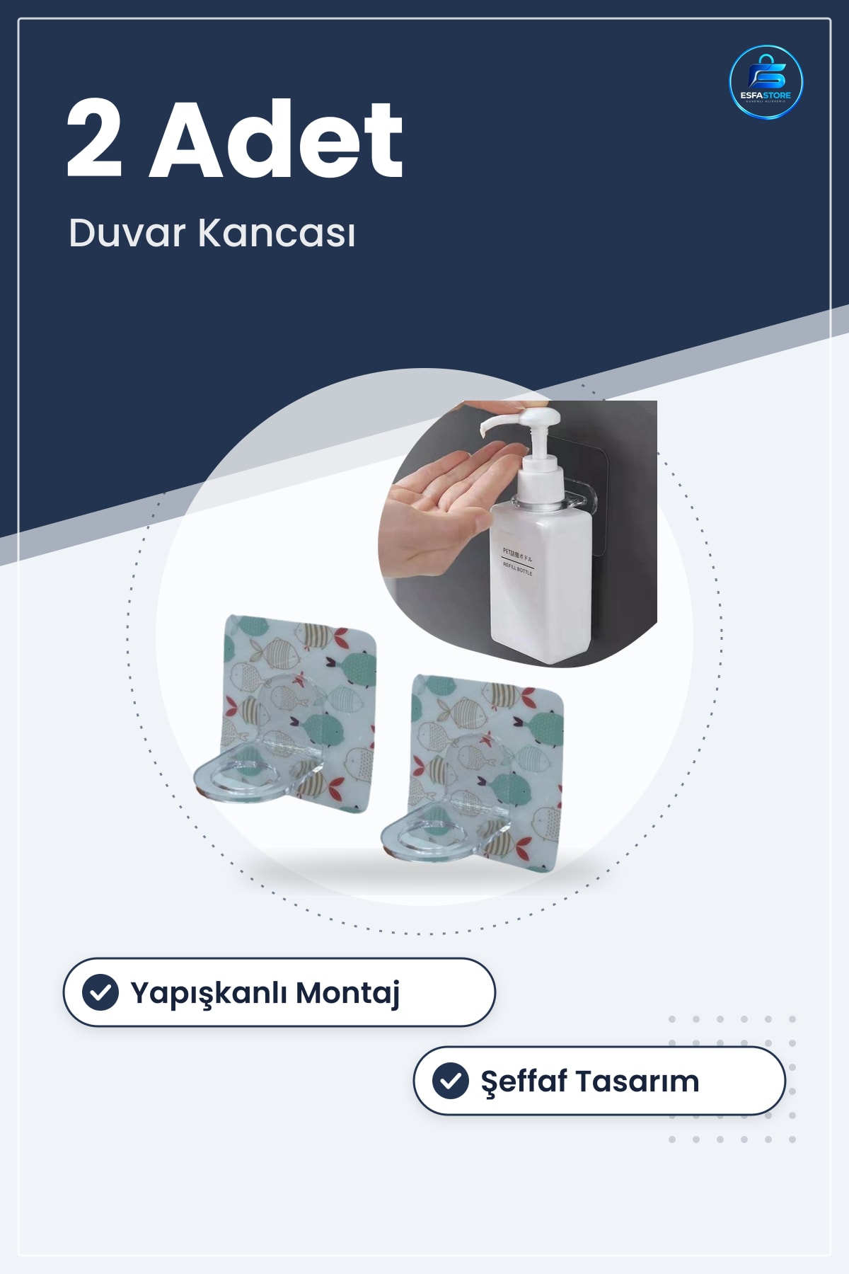 Çember Askı 2 Adet Yapışkanlı Çok Amaçlı Duvar Kancası Banyo Mutfak İçin Balık Desenli