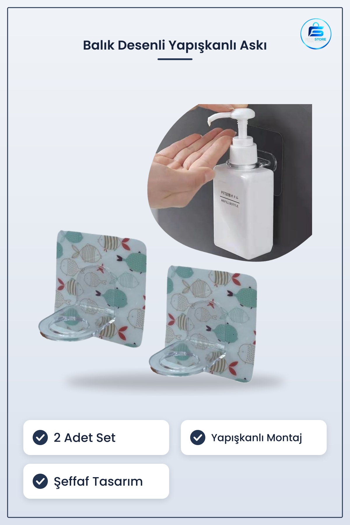 Çember Askı 2 Adet Yapışkanlı Çok Amaçlı Duvar Kancası Banyo Mutfak İçin Balık Desenli