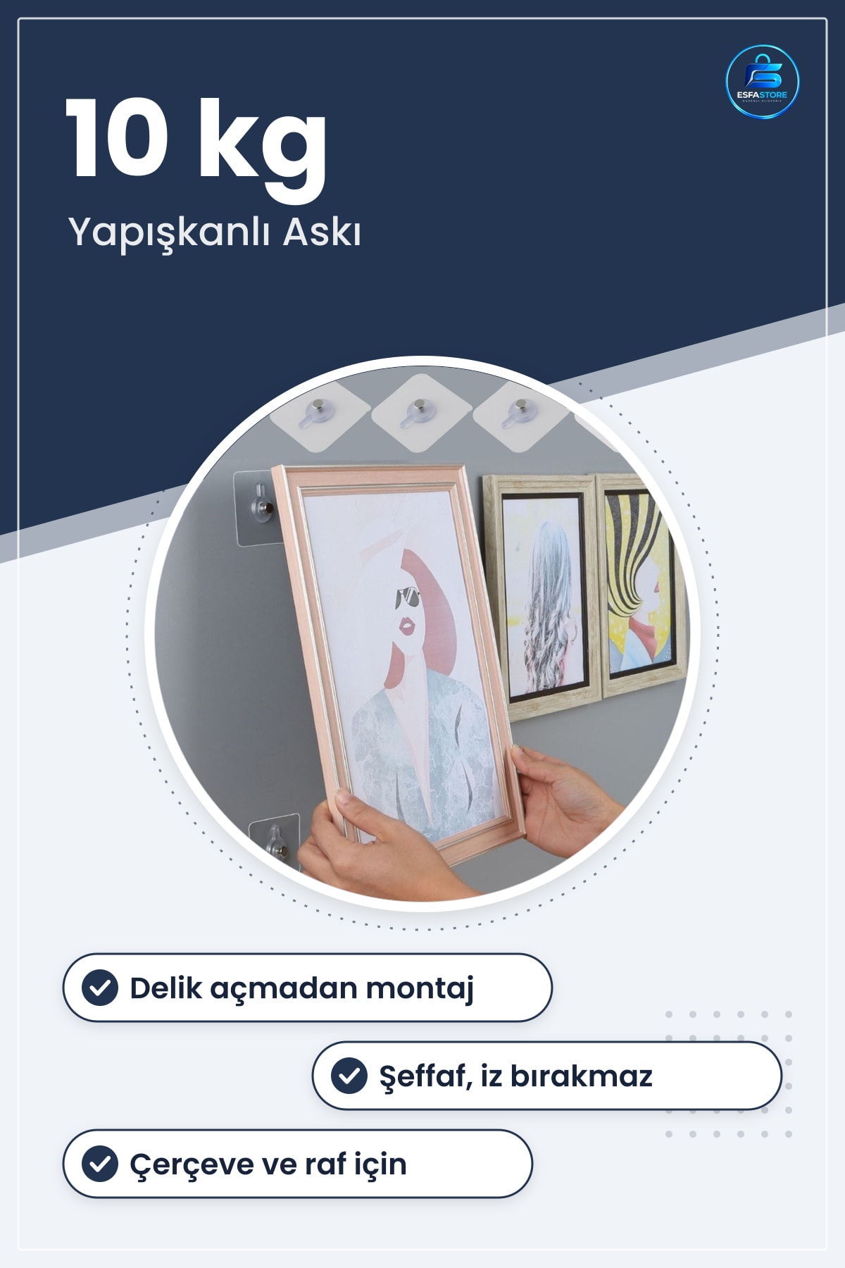 Yapışkanlı Çerçeve Askısı Pin Delgisiz Kanca 4 Adet 10 kg Kapasiteli Şeffaf Raf Tutucu Askı