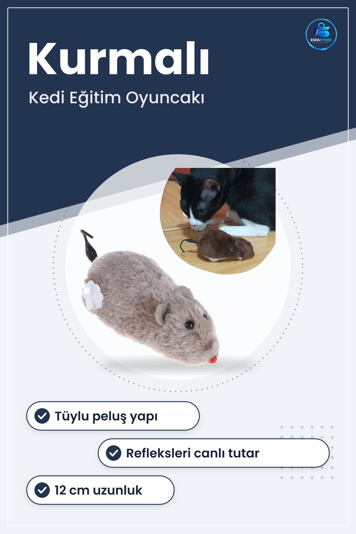 Kurmalı Kedi Eğitim Oyuncağı Tüylü Peluş Fare Yakalama İnteraktif Sevimli Eğlenceli Hayvan Dostu
