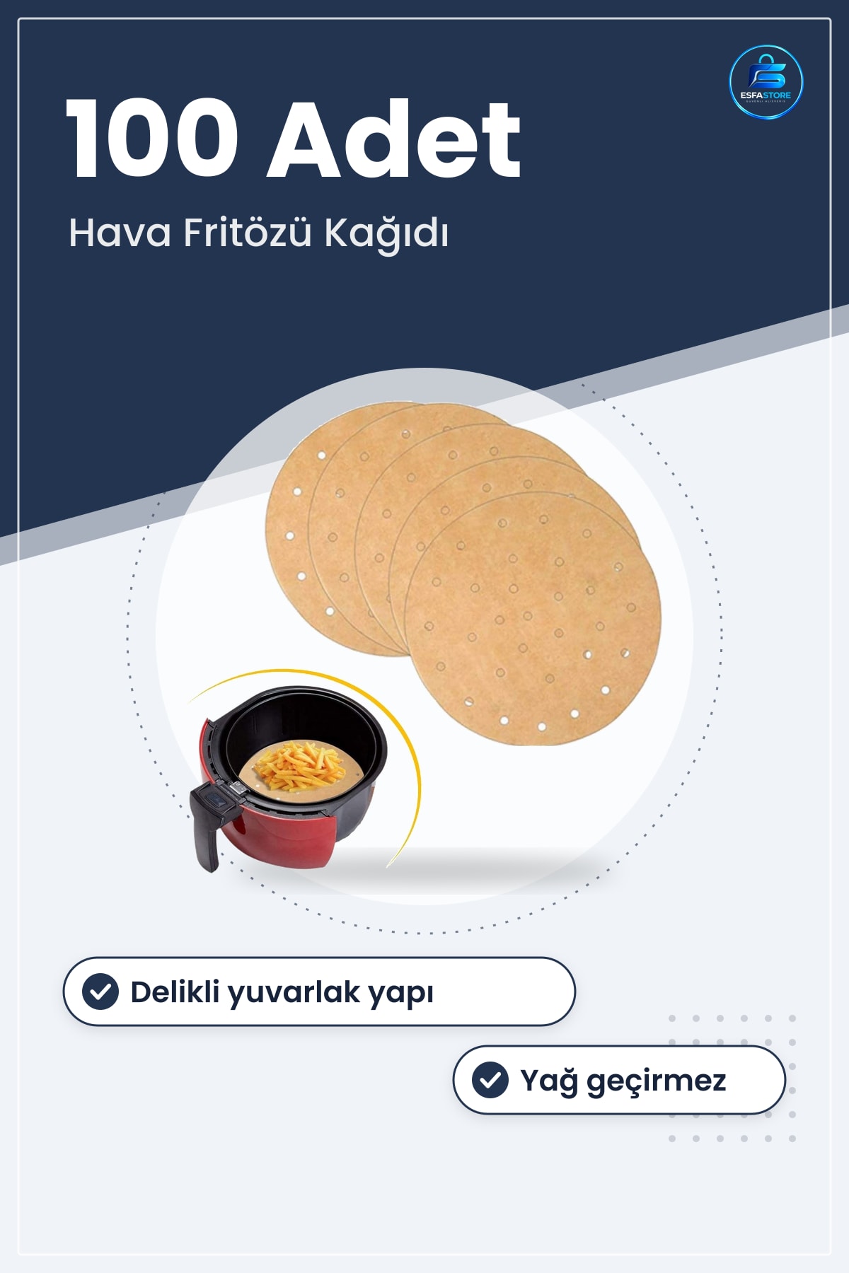 Hava Fritözü Pişirme Kağıdı 100 Adet Tek Kullanımlık Yuvarlak Delikli Yağ Geçirmez 20,5 cm