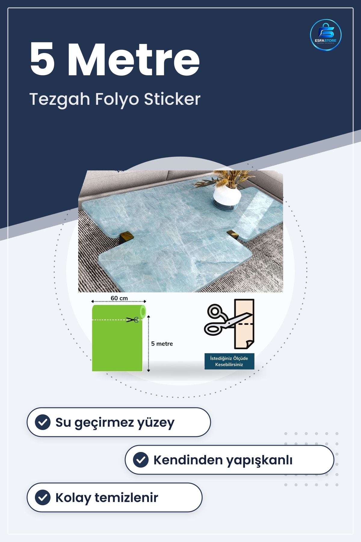 Mermer Desenli Yapışkanlı Mutfak Tezgah Folyo Sticker Mavi 5x0,6m Su Geçirmez Duvar Kağıdı