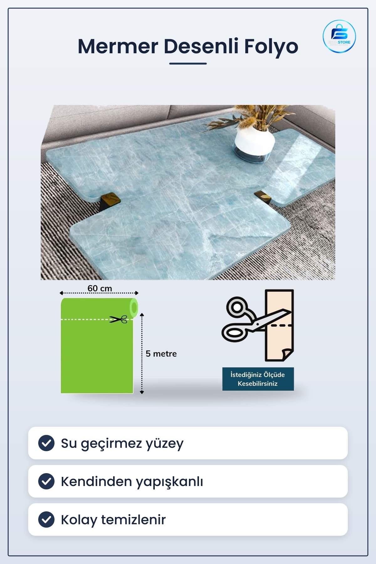 Mermer Desenli Yapışkanlı Mutfak Tezgah Folyo Sticker Mavi 5x0,6m Su Geçirmez Duvar Kağıdı