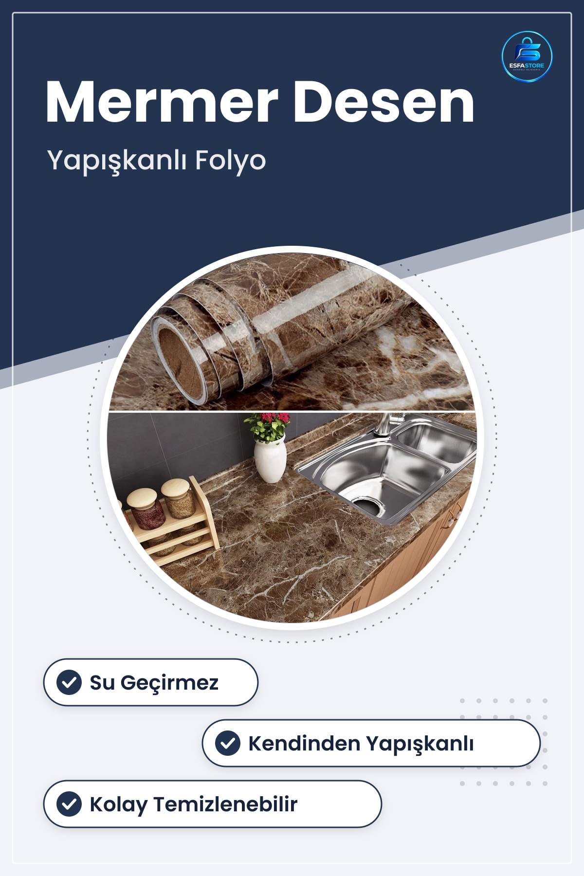 Mermer Desenli Yapıştırıcı Folyo Sticker Kahverengi 60 cm x 5 m Su Geçirmez Mutfak Tezgah Kaplama