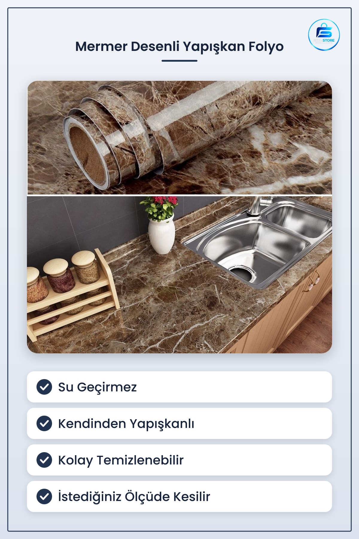 Mermer Desenli Yapıştırıcı Folyo Sticker Kahverengi 60 cm x 5 m Su Geçirmez Mutfak Tezgah Kaplama