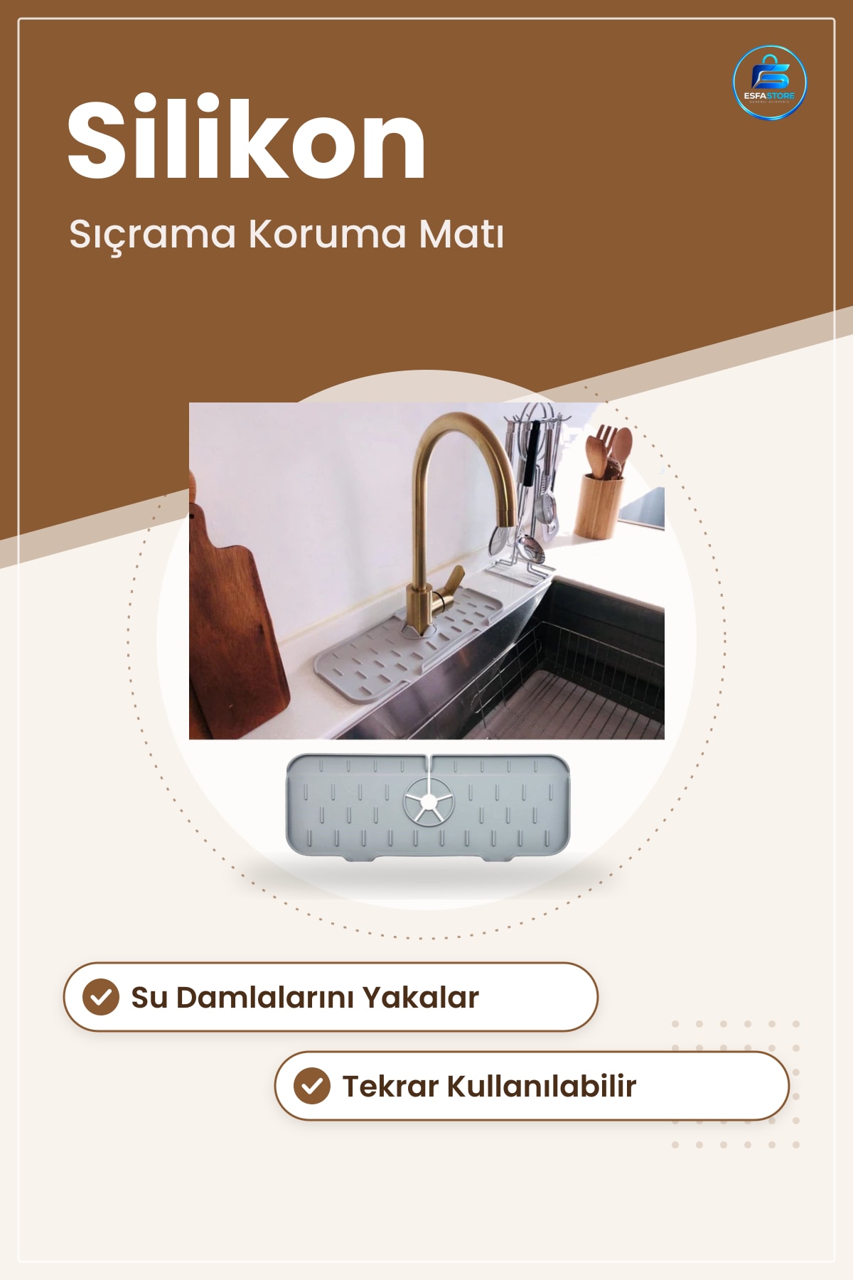 Musluk Sıçrama Koruma Matı Silikon Esnek Lavabo Tezgahı Damlama Tutucu Raf Mutfak 37x14 cm