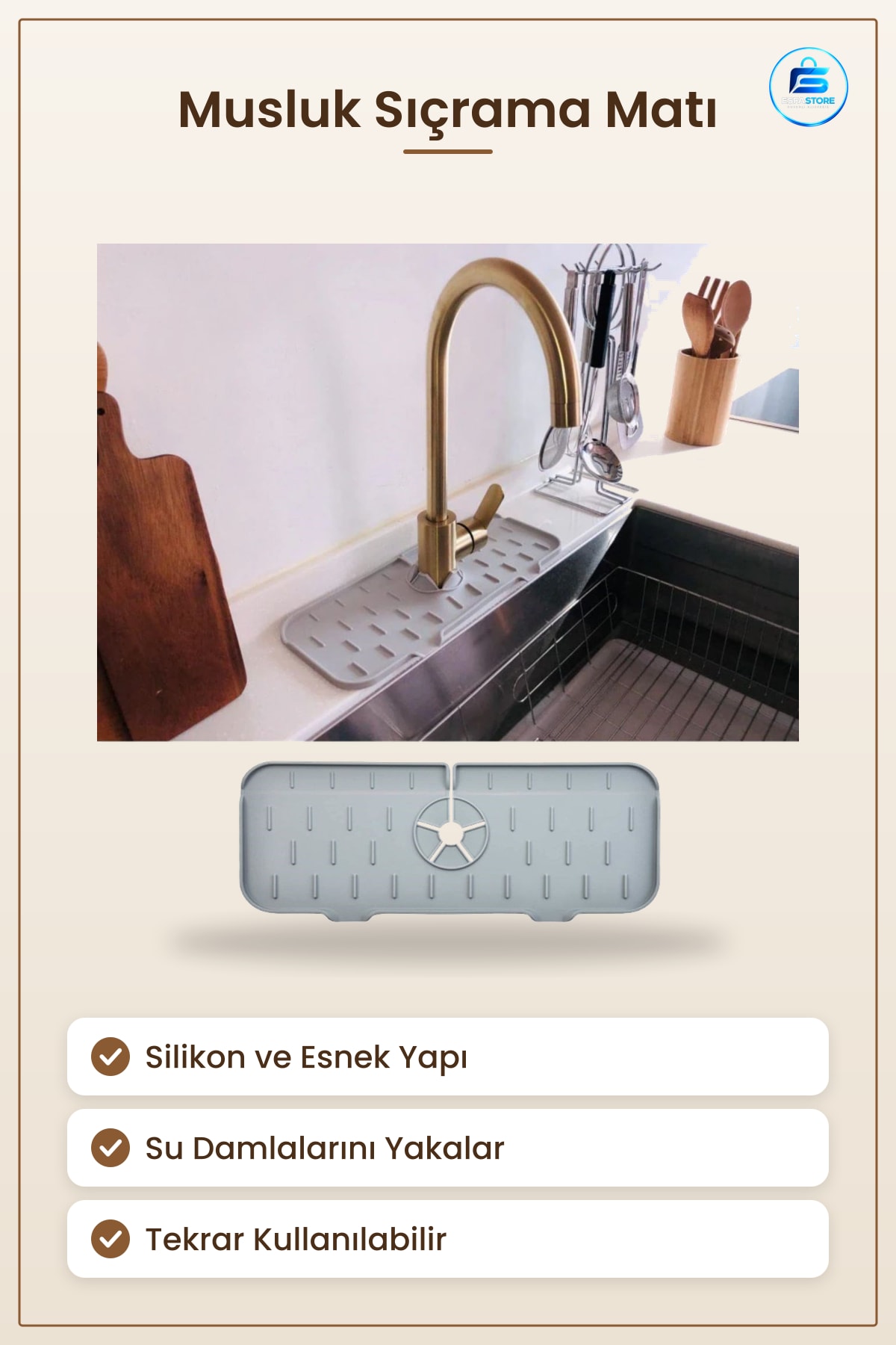 Musluk Sıçrama Koruma Matı Silikon Esnek Lavabo Tezgahı Damlama Tutucu Raf Mutfak 37x14 cm