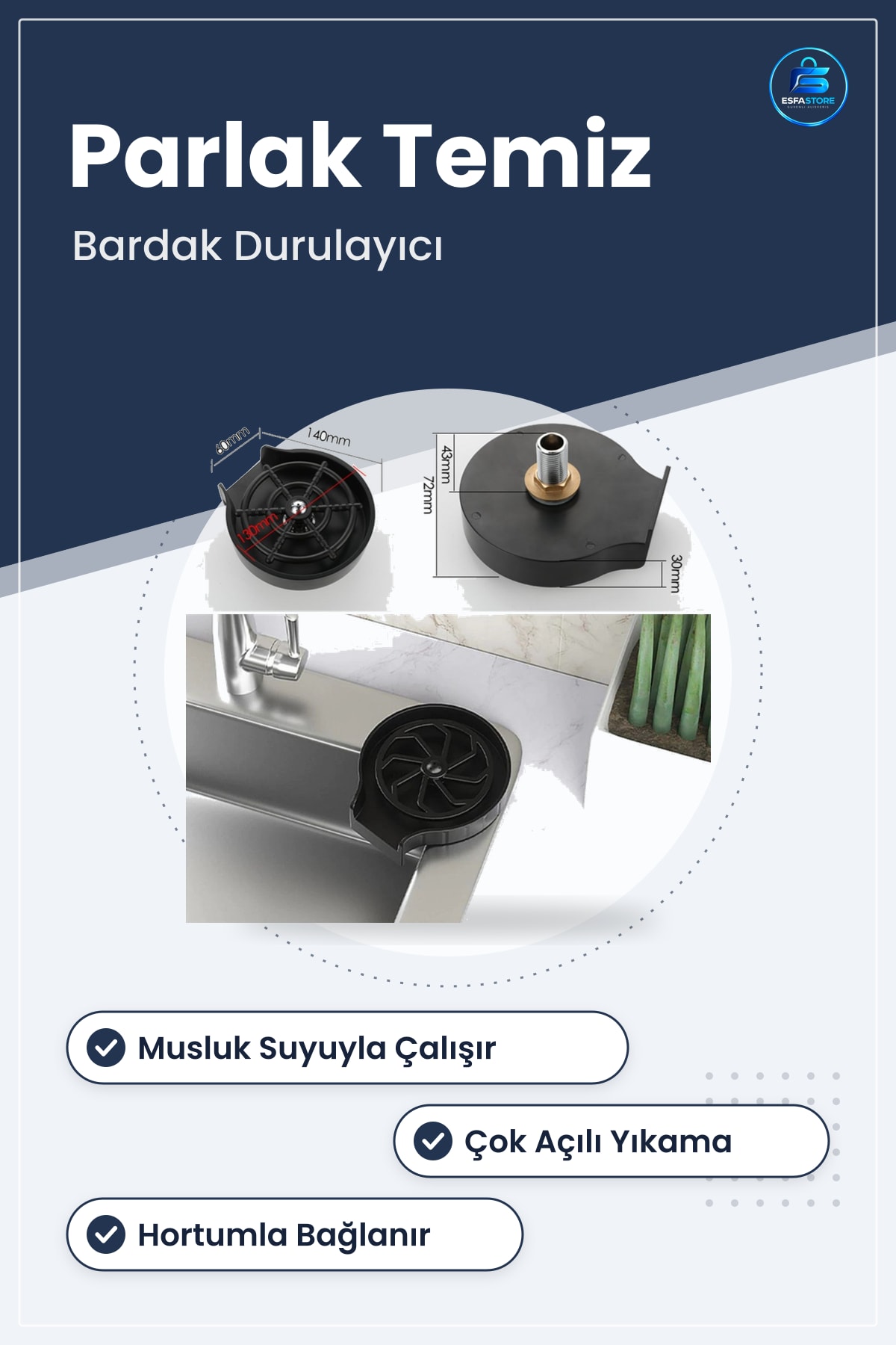 Bardak Yıkama Aparatı Yüksek Basınçlı Otomatik Mutfak Lavabo İçin Hızlı Kupa Durulayıcı