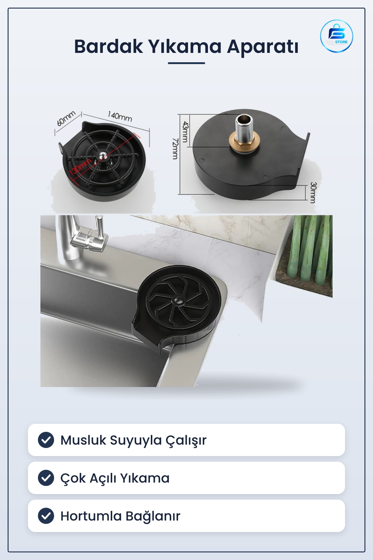 Bardak Yıkama Aparatı Yüksek Basınçlı Otomatik Mutfak Lavabo İçin Hızlı Kupa Durulayıcı