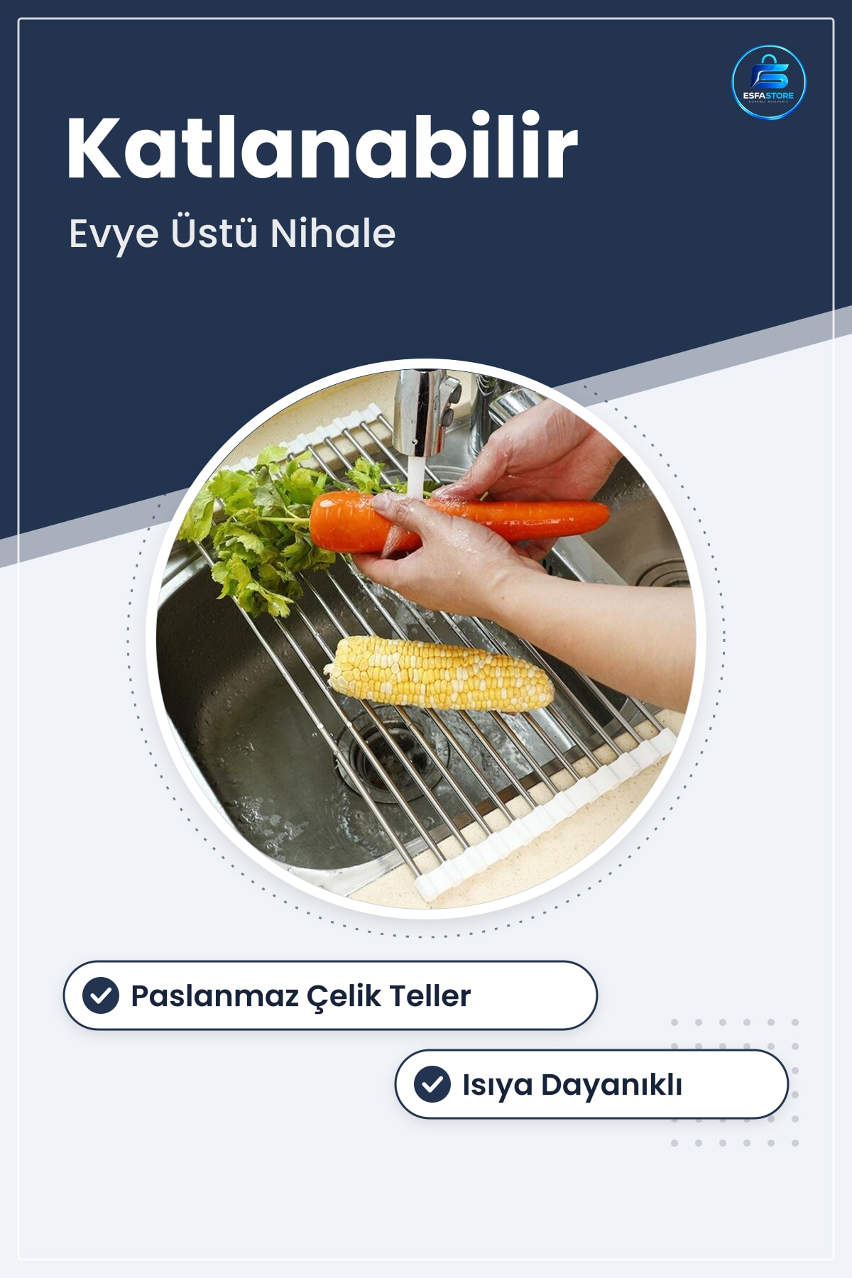Evye Üstü Katlanır Nihale Paslanmaz Çelik Pratik Sebze Meyve Bulaşık Kurutma Süzgeci