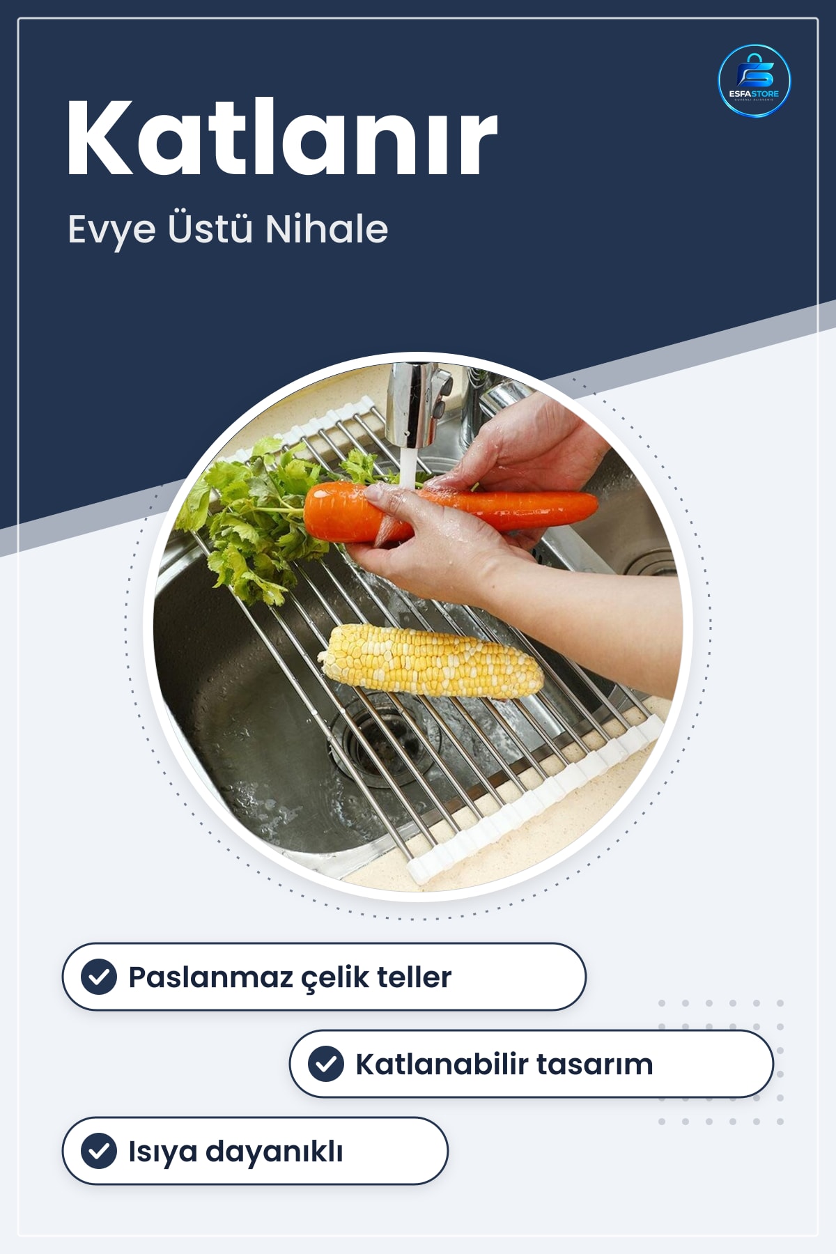 Evye Üstü Katlanır Nihale Paslanmaz Çelik Pratik Sebze Meyve Bulaşık Kurutma Süzgeci