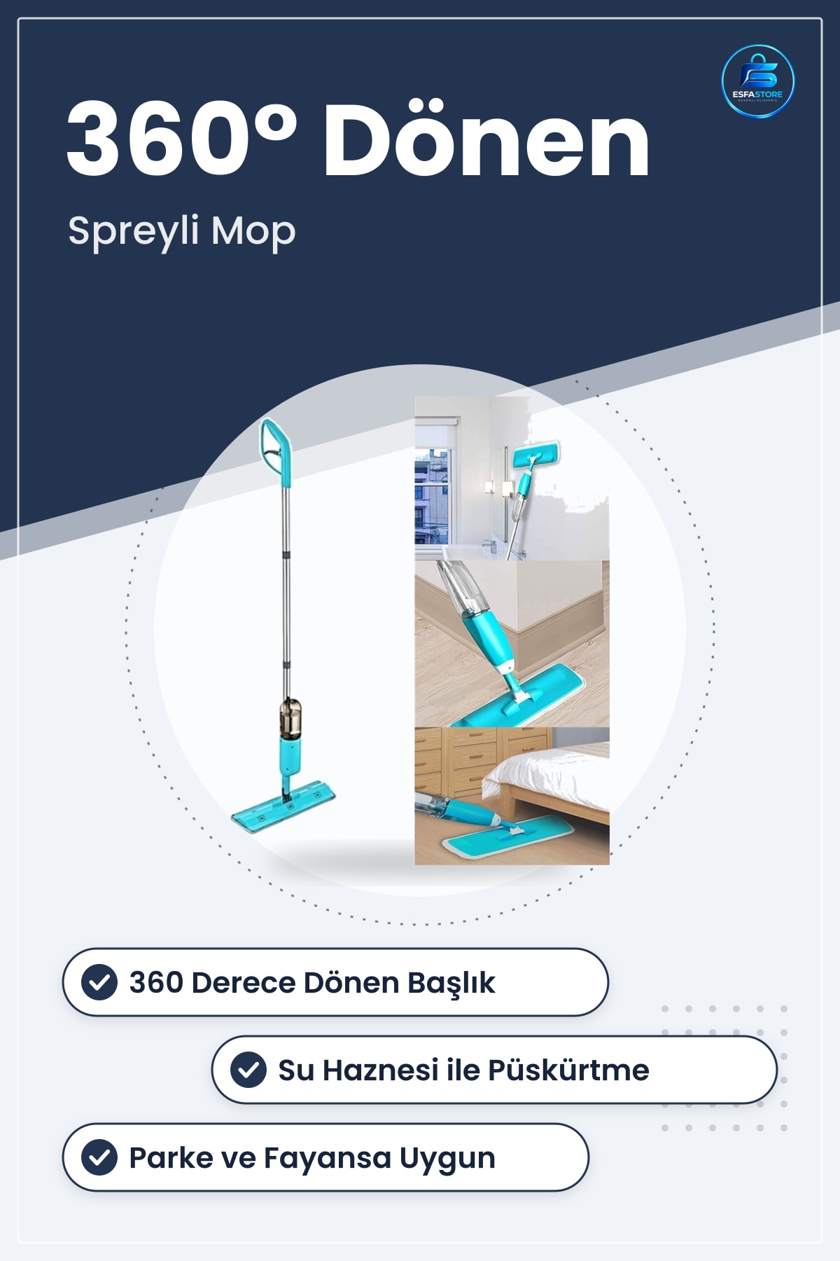 Sihirli Spreyli Mop Derece Döner Başlık Su Hazneli Parke Ahşap Fayans Temizleyici Paspas