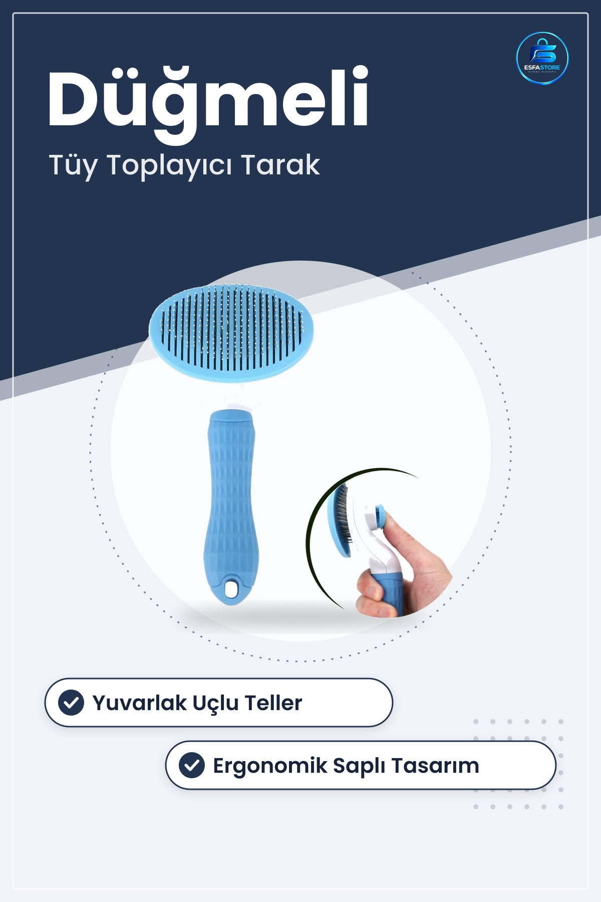 Evcil Hayvan Tarağı Kedi Köpek Tüy Toplayıcı Kendini Temizleyebilen Ergonomik Saplı Mavi