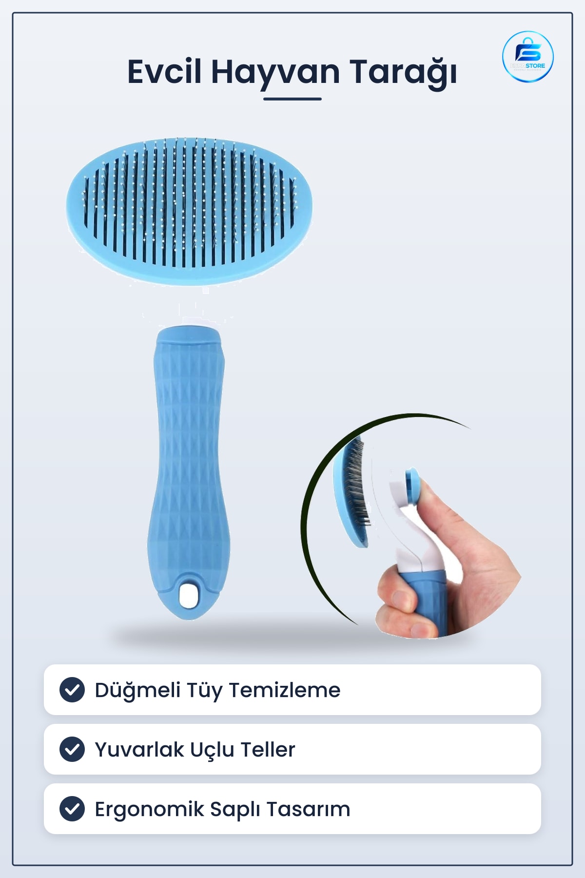Evcil Hayvan Tarağı Kedi Köpek Tüy Toplayıcı Kendini Temizleyebilen Ergonomik Saplı Mavi