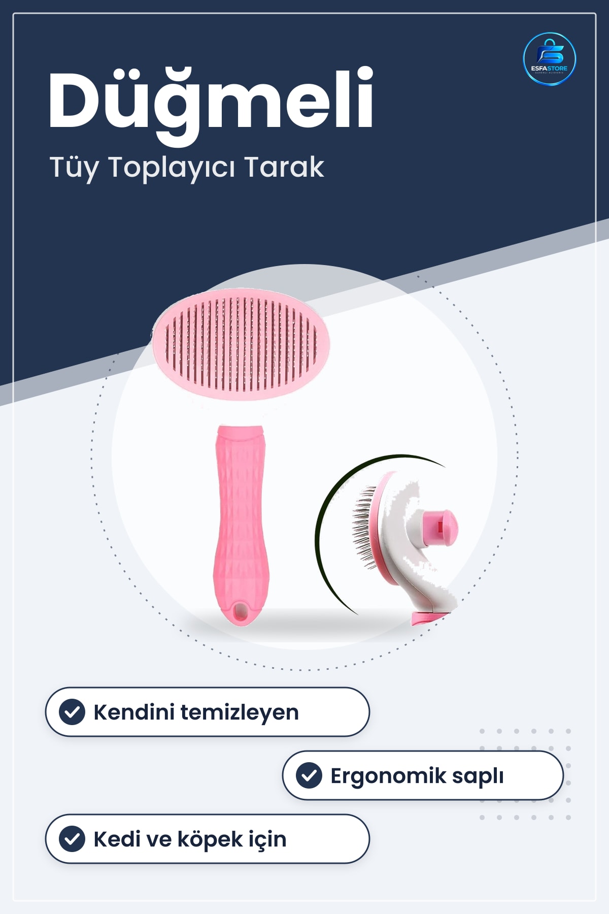 Evcil Hayvan Tarağı Kedi Köpek Tüy Toplayıcı Kendini Temizleyebilen Ergonomik Saplı Pembe
