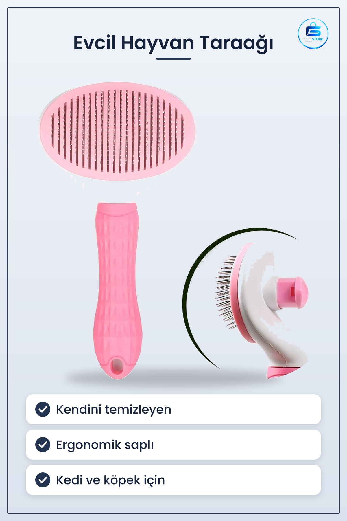 Evcil Hayvan Tarağı Kedi Köpek Tüy Toplayıcı Kendini Temizleyebilen Ergonomik Saplı Pembe