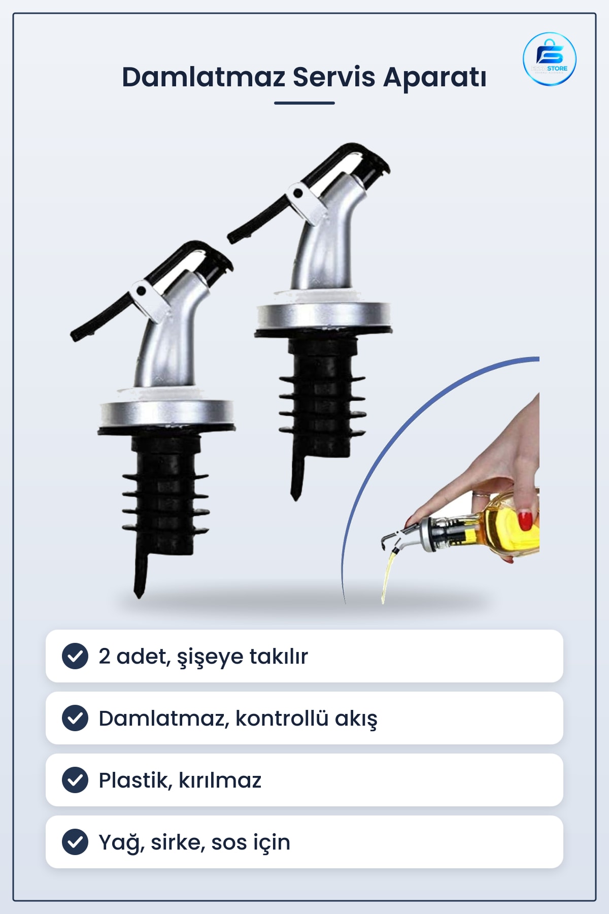 Şişe Ucu Damlatmaz Servis Aparatı 2 Adet Yağdanlık Tıpa Zeytinyağı Sirke Sos ve Limon Suyu İçin