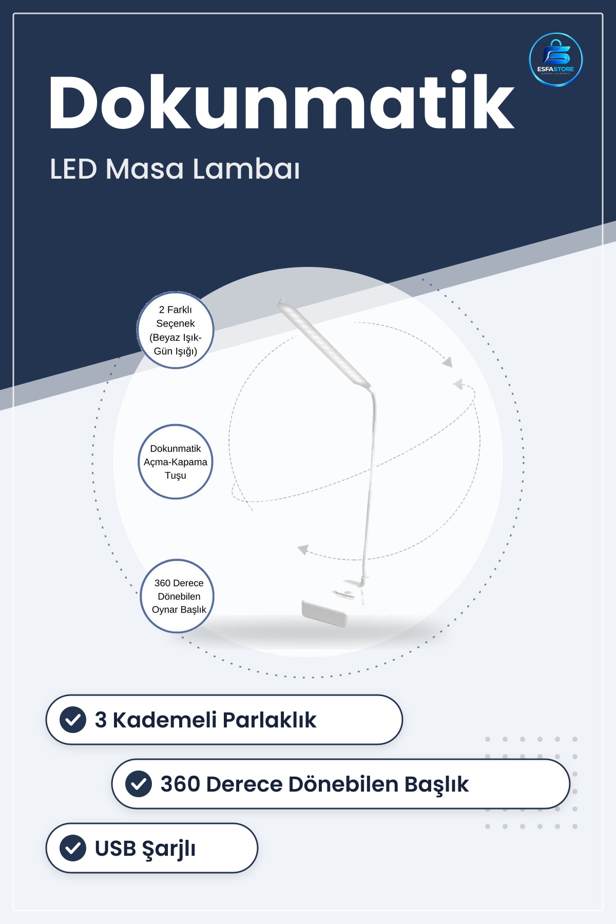 Dokunmatik LED Masa Lambası 3 Kademeli Derece USB Şarjlı İnce Uzun 33 x 12 9 cm Göz Korumalı