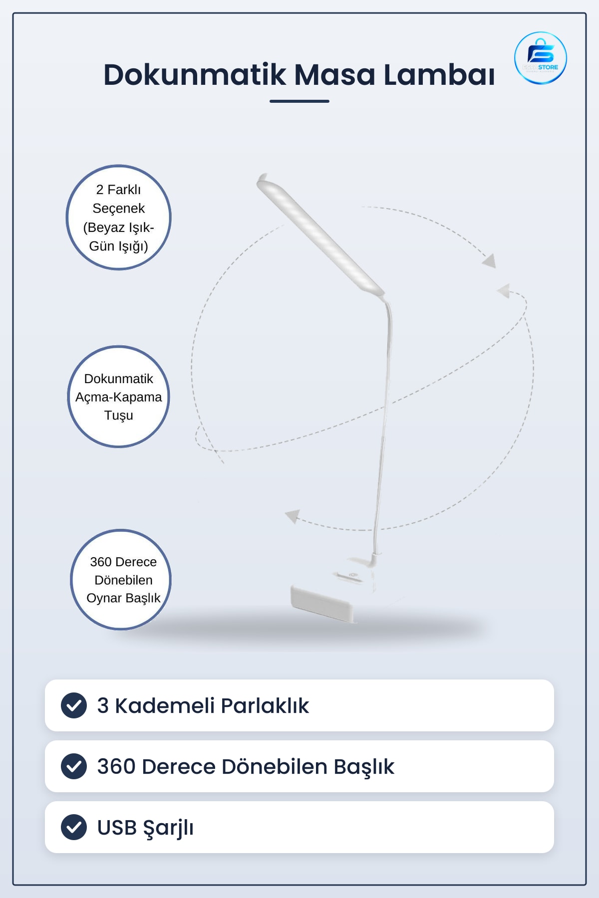 Dokunmatik LED Masa Lambası 3 Kademeli Derece USB Şarjlı İnce Uzun 33 x 12 9 cm Göz Korumalı