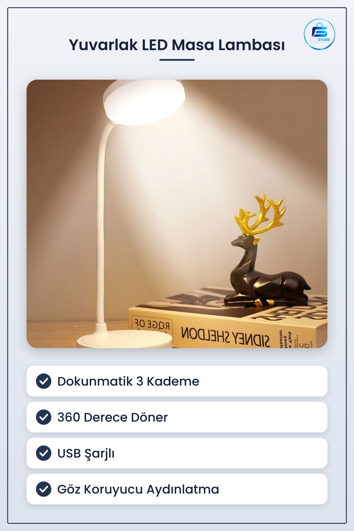 Yuvarlak LED Masa Lambası USB Şarjlı Dokunmatik 3 Kademeli Derece Göz Korumalı Lityum