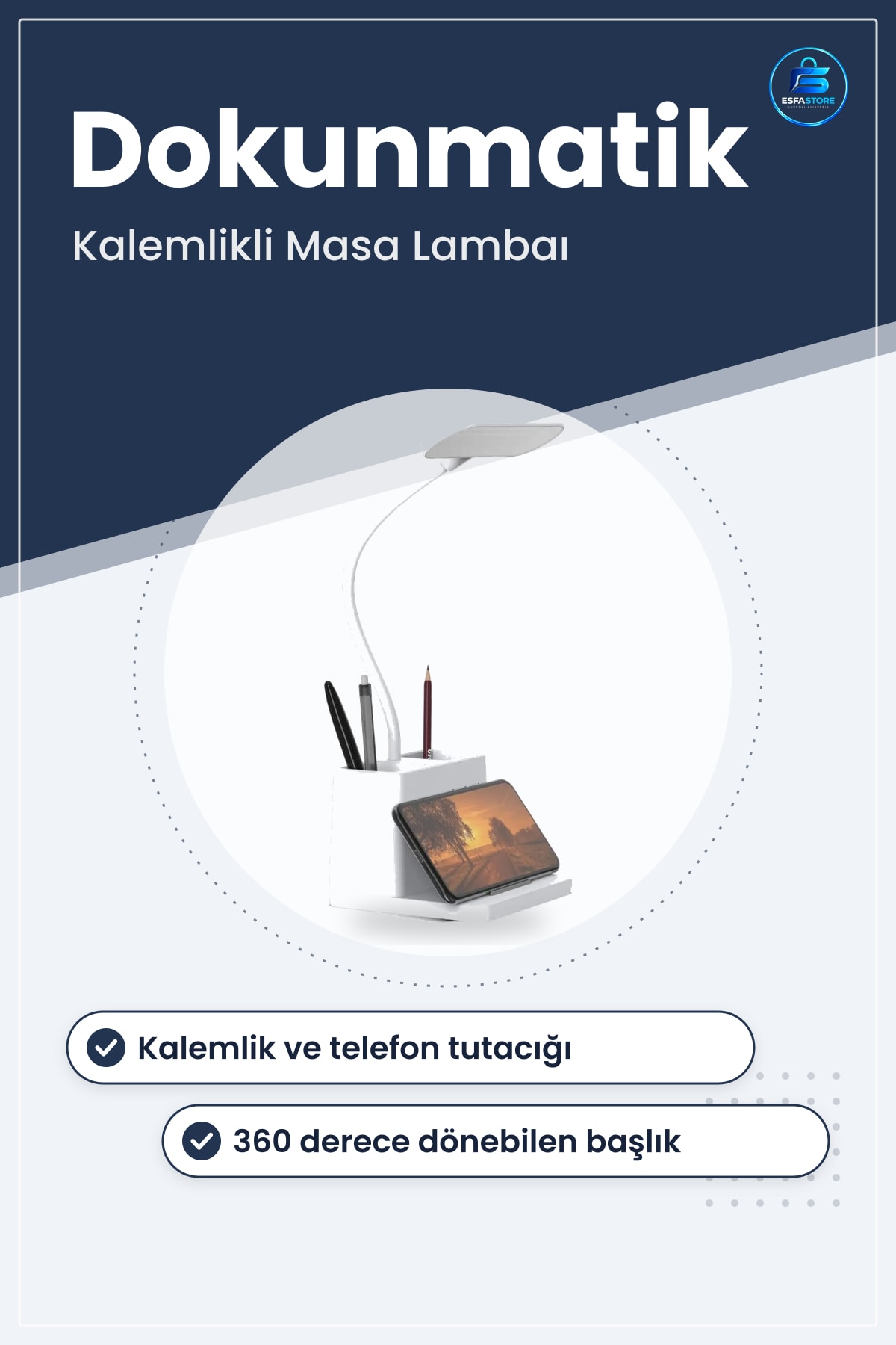 LED Masa Lambası Kalemlikli USB Şarjlı Dokunmatik 3 Kademeli Derece Göz Korumalı Lityum