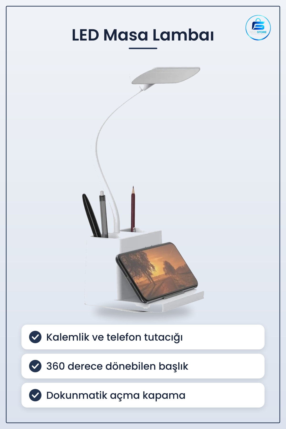 LED Masa Lambası Kalemlikli USB Şarjlı Dokunmatik 3 Kademeli Derece Göz Korumalı Lityum