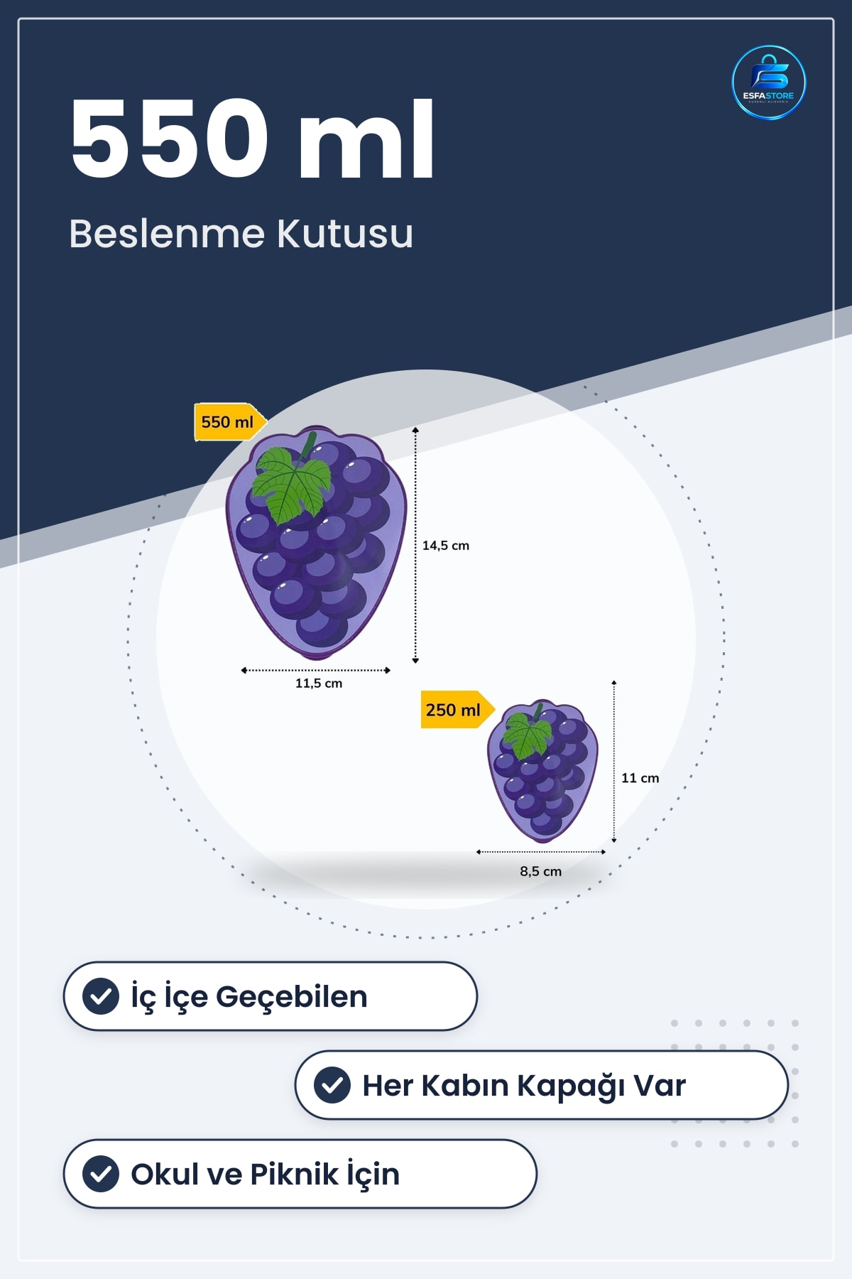 Üzüm Model Saklama Kabı Seti 2'li İç İçe Geçebilen 550 ml + 250 Beslenme Kutusu Kapaklı
