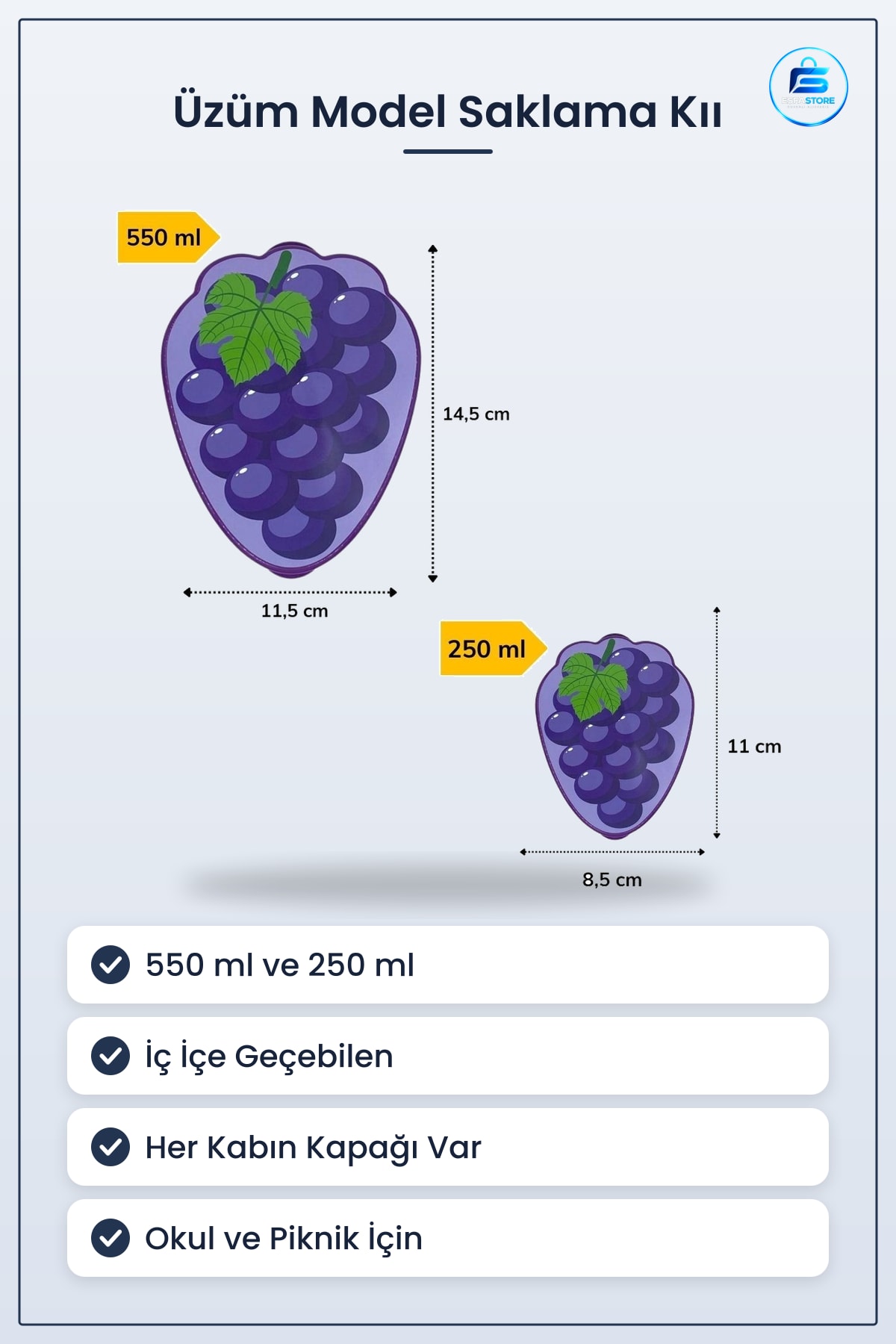 Üzüm Model Saklama Kabı Seti 2'li İç İçe Geçebilen 550 ml + 250 Beslenme Kutusu Kapaklı