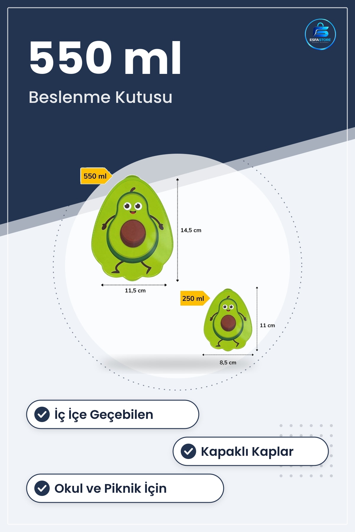Avokado Model Saklama Kabı Seti 2'li İç İçe Geçebilen 550 ml + 250 Beslenme Kutusu Kapaklı