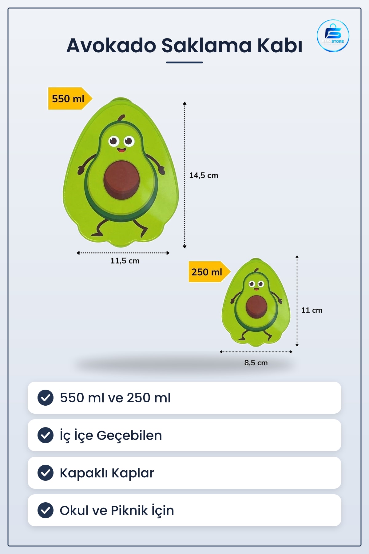 Avokado Model Saklama Kabı Seti 2'li İç İçe Geçebilen 550 ml + 250 Beslenme Kutusu Kapaklı